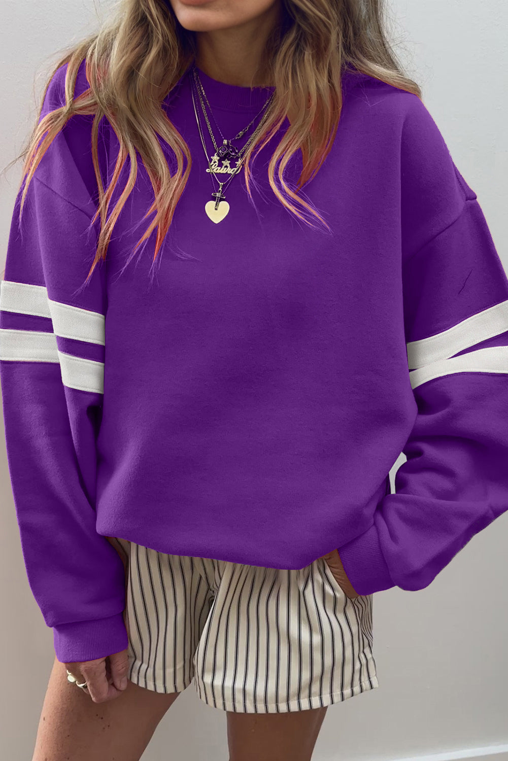 White Varsity Striped Detail Drop-Shoulder Oversized Sweatshirt