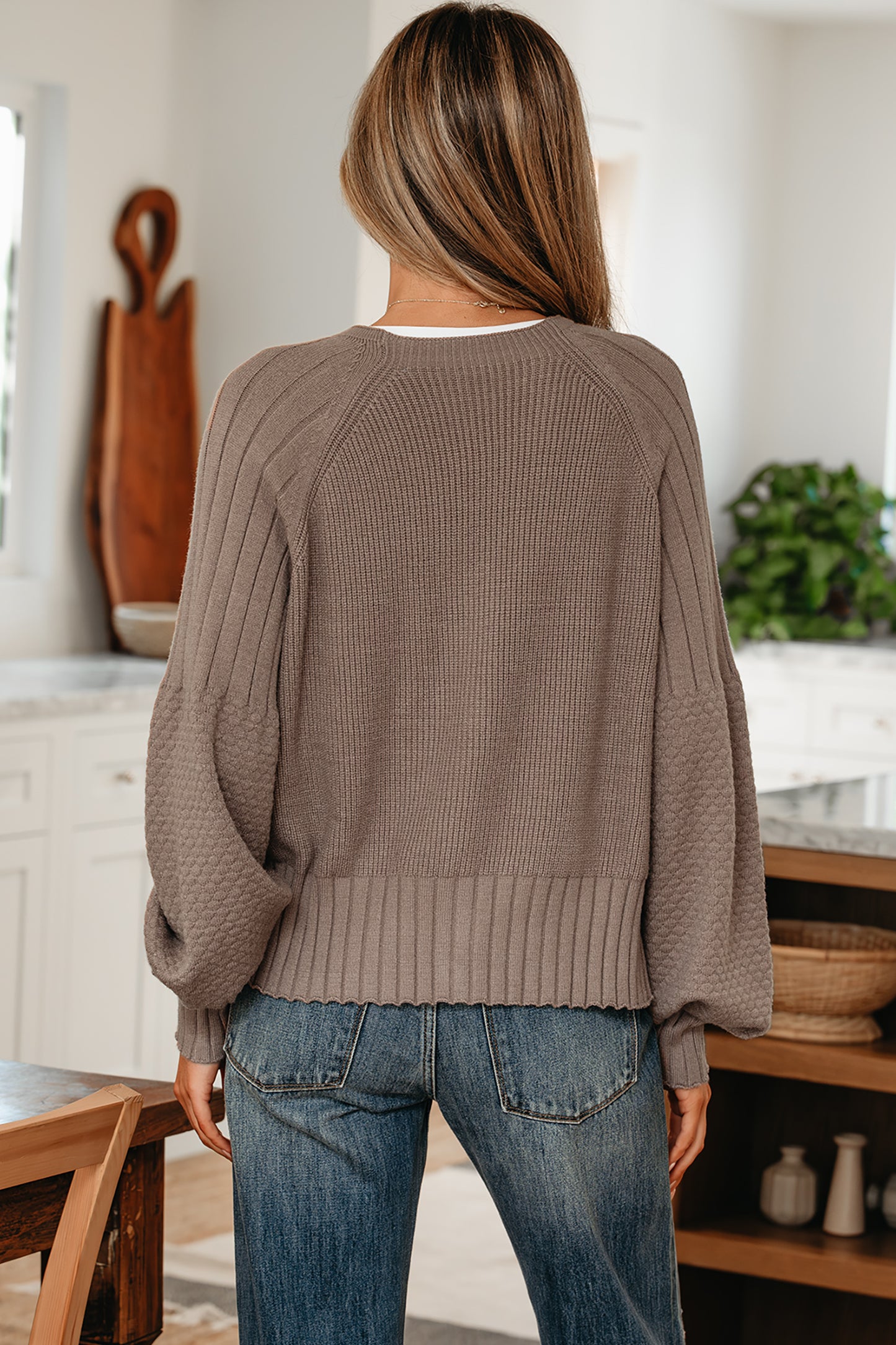 Light Pink Mixed-Knit V-Neck Cardigan