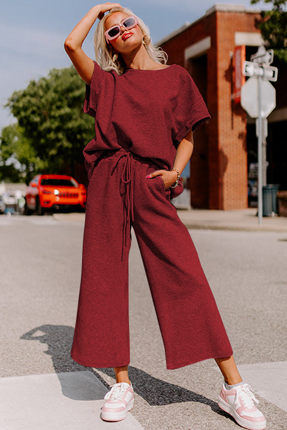 Gray Textured T-Shirt and Pants Set