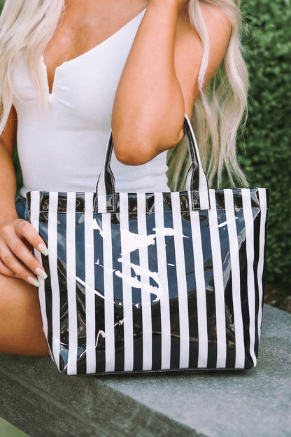 Red Glossy Striped Vinyl Large Tote Bag (Color Varied)