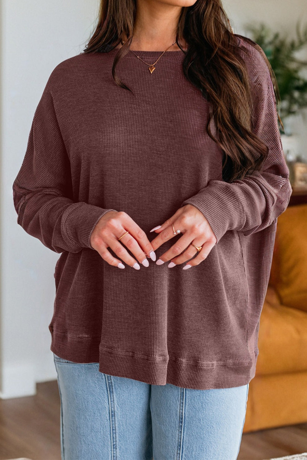Dark Gray Waffle-Knit Relaxed Top