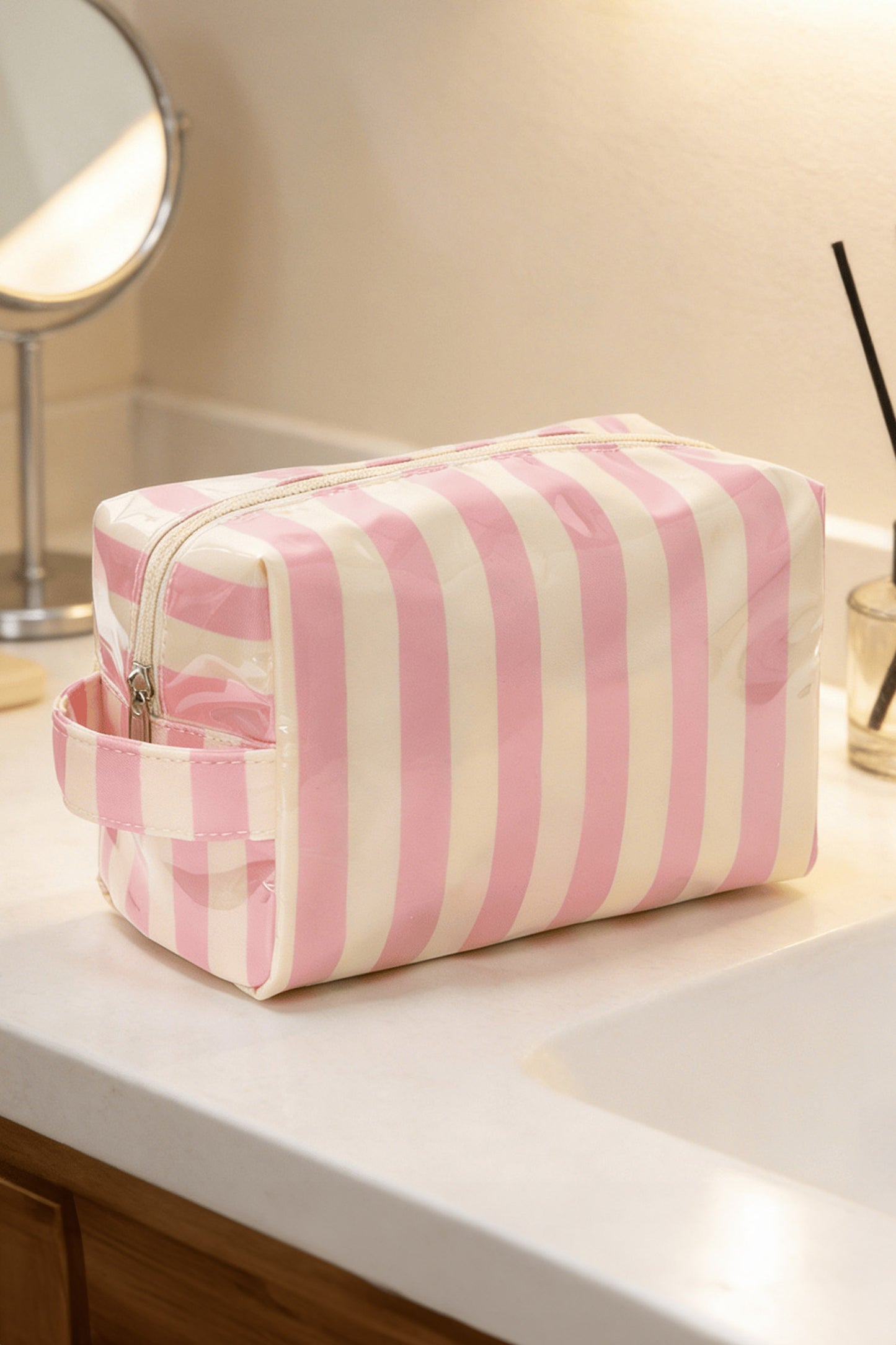 Pink Striped Travel Cosmetic Bag