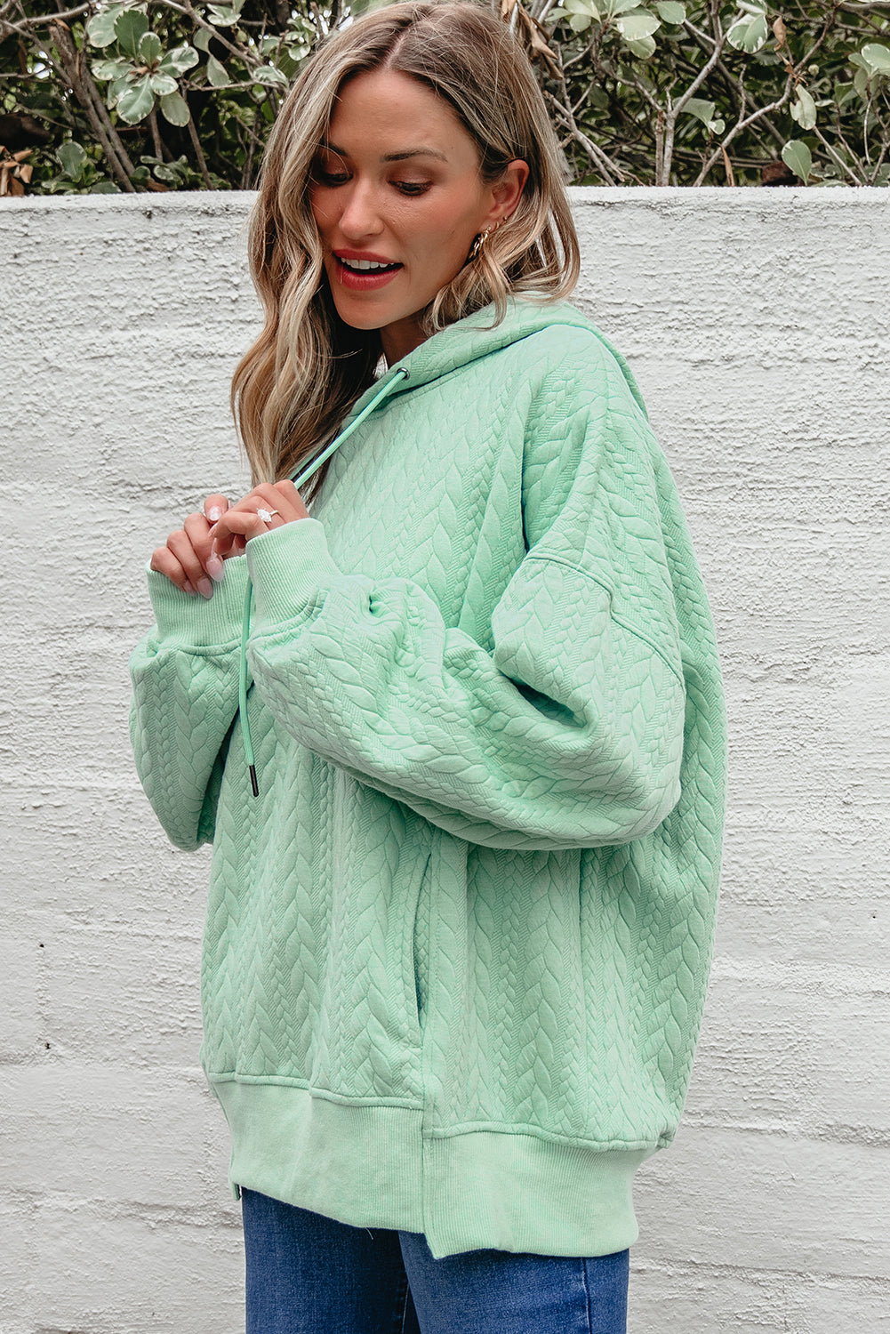 Moonlight Jade Cable-Texture Oversized Hoodie