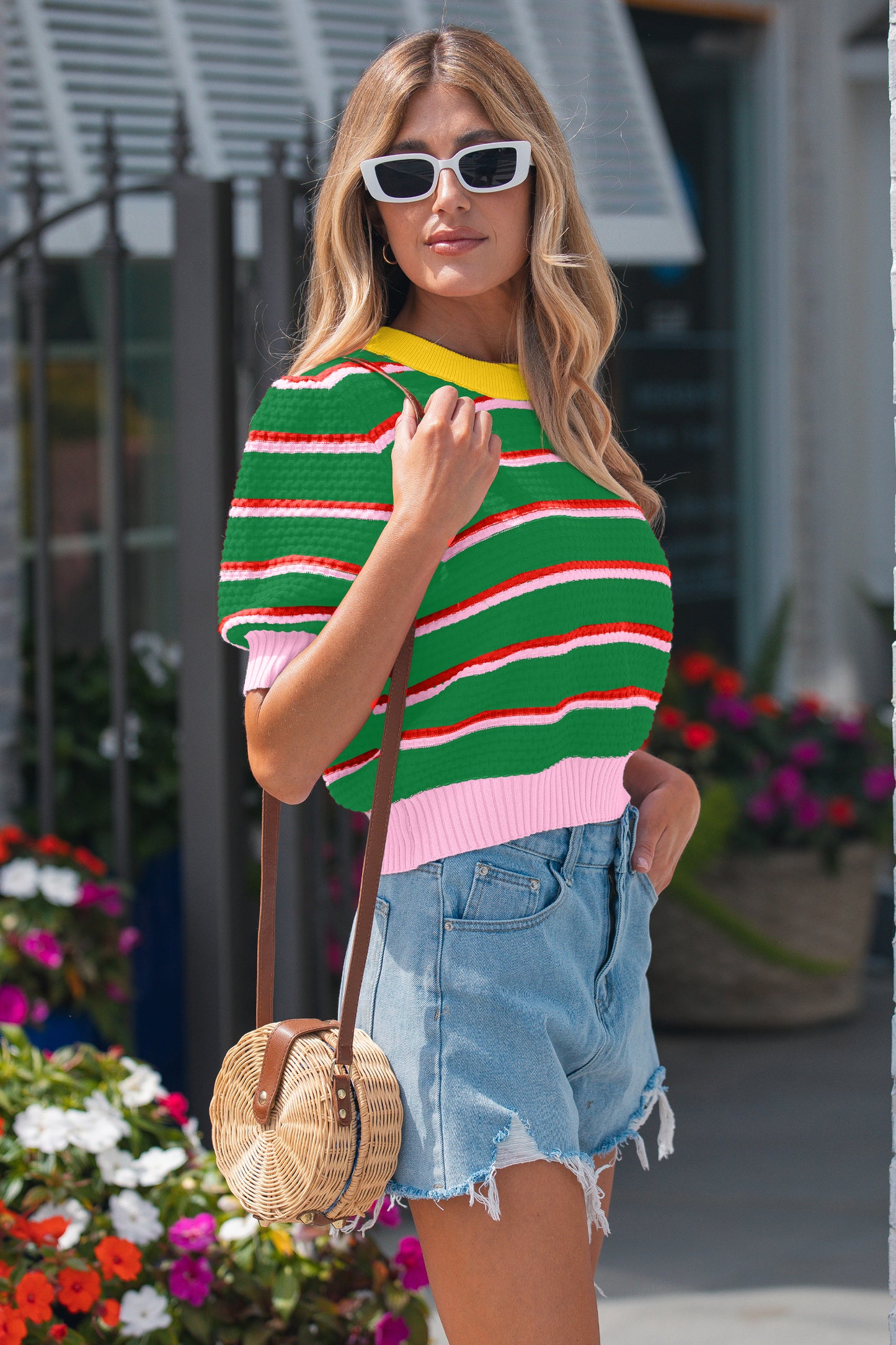 Green Striped Color-Block Short-Sleeve Sweater