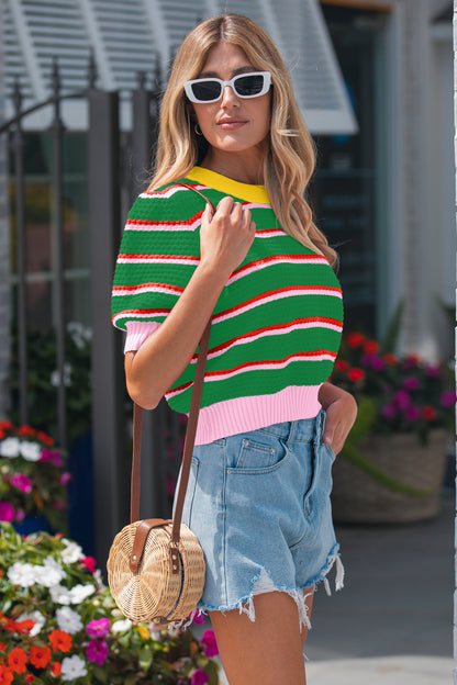 Green Striped Color-Block Short-Sleeve Sweater