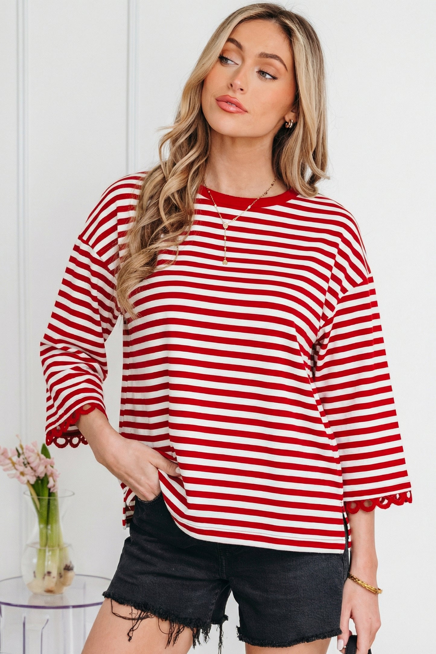 Racing Red Striped Lace-Trim Top