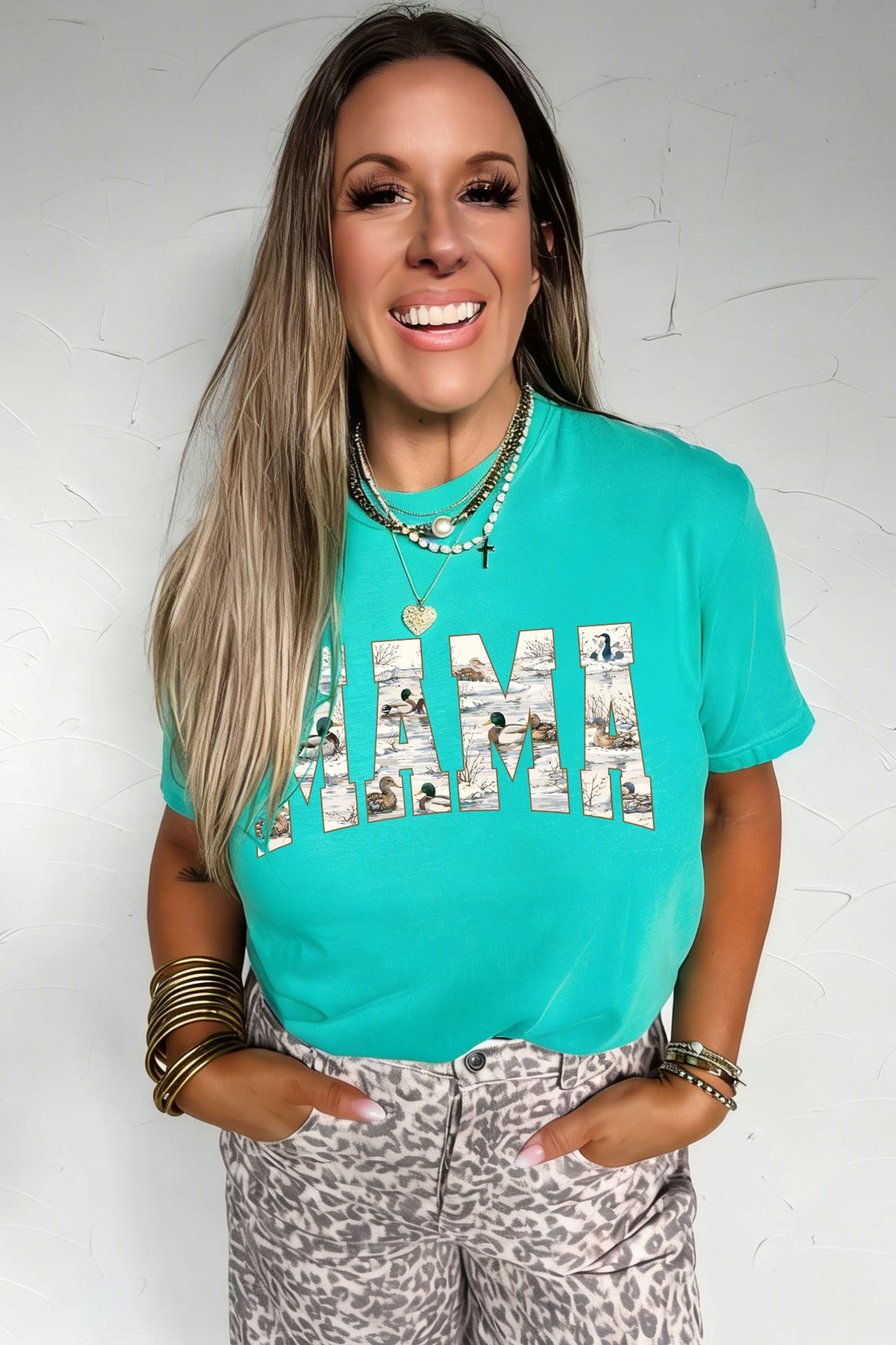 Mint Green Mallard Duck Print MAMA Lettering Graphic T-Shirt