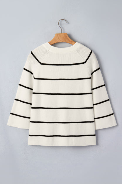 White Stripe Ribbed Short-Sleeve Knit Top