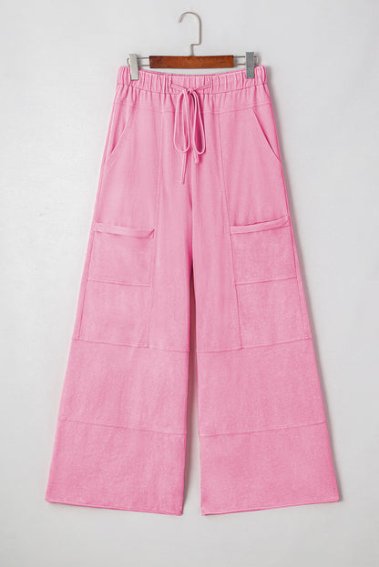 Bonbon Mineral Wash Exposed Seam Drawstring Elastic Waistband Wide-Leg Cargo Pants
