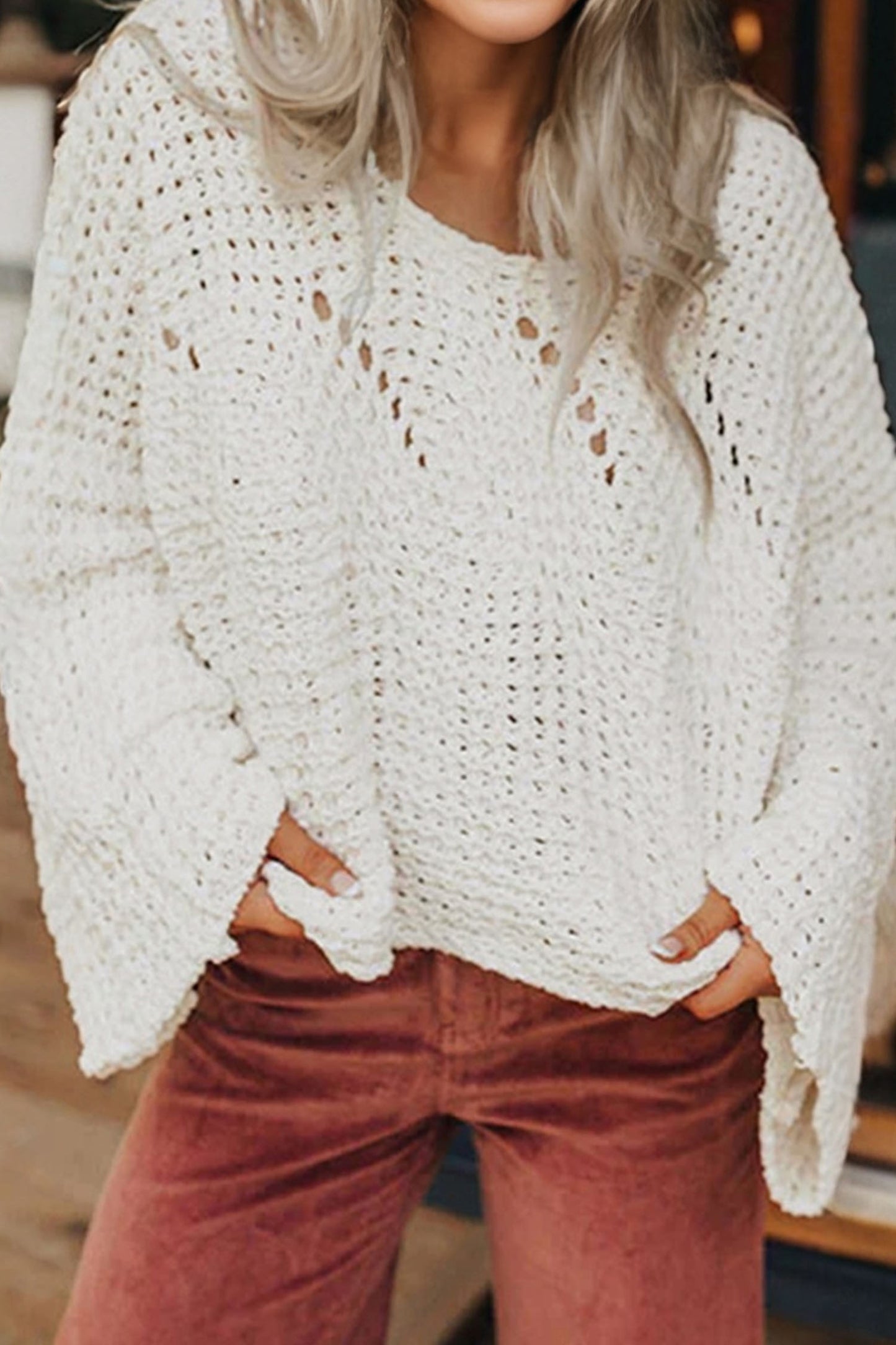 Camel Open-Knit Wide-Sleeve Sweater