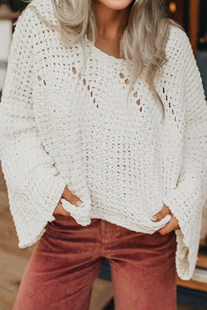 Camel Open-Knit Wide-Sleeve Sweater