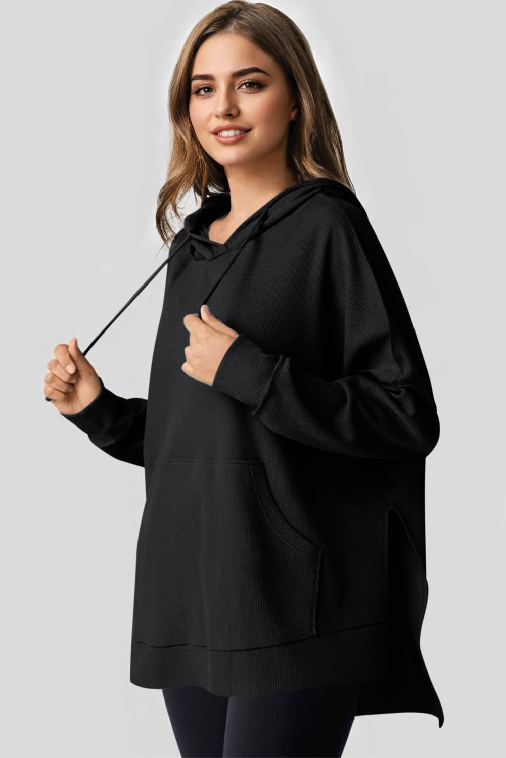 Black Waffle-Knit High-Low Oversized Hoodie