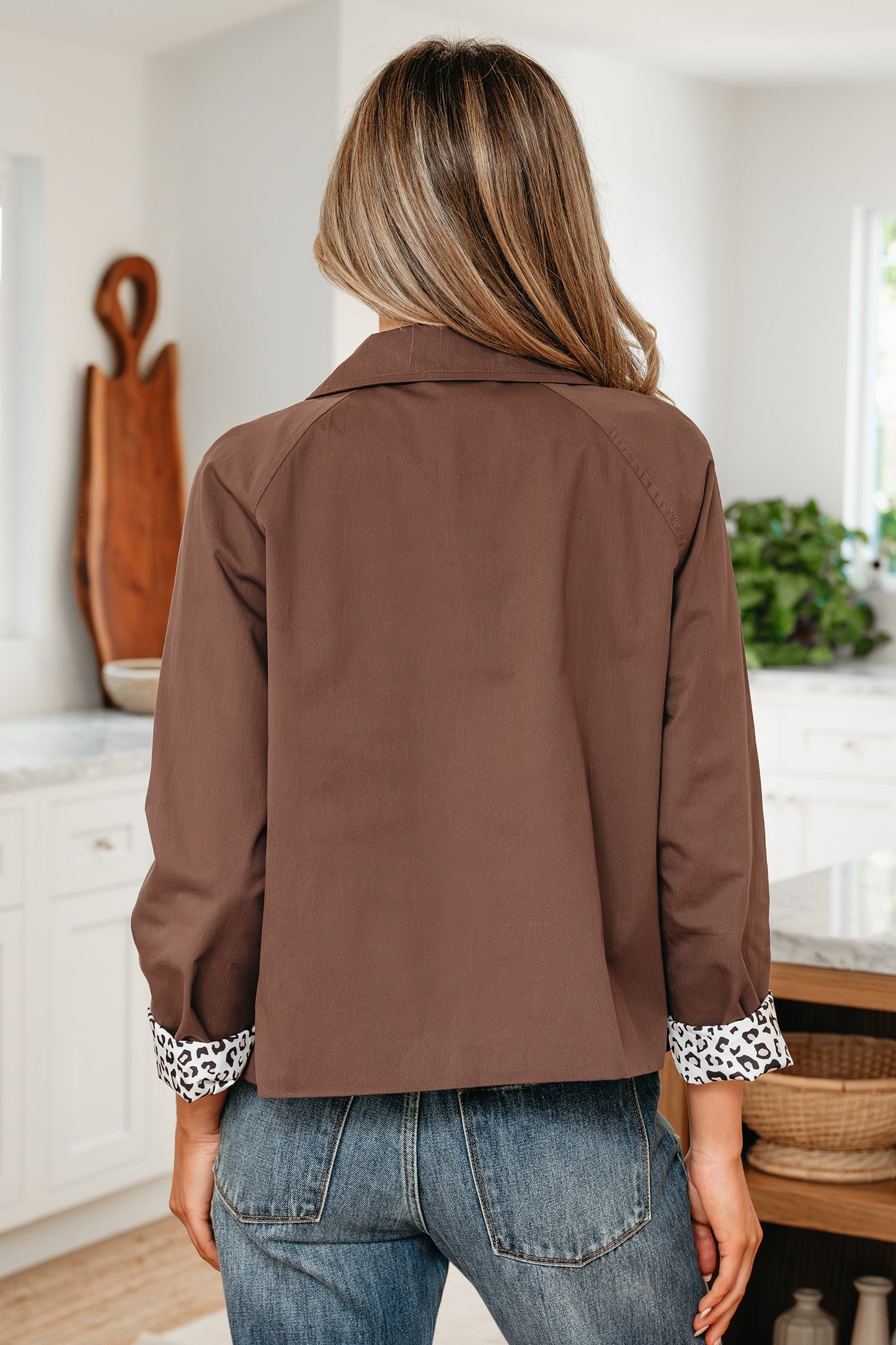 Dark Brown Leopard-Trim Cropped Jacket