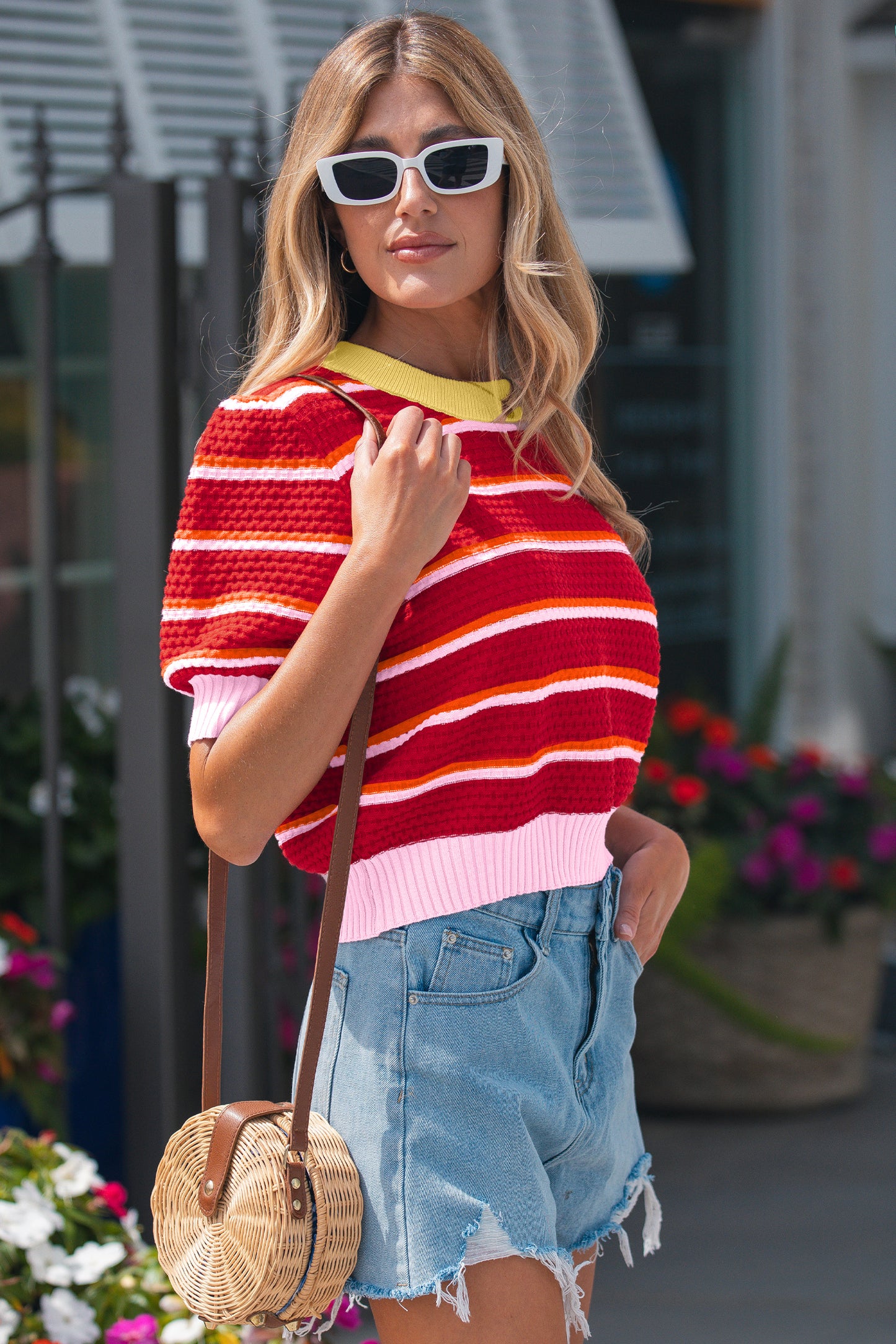 Green Striped Color-Block Short-Sleeve Sweater