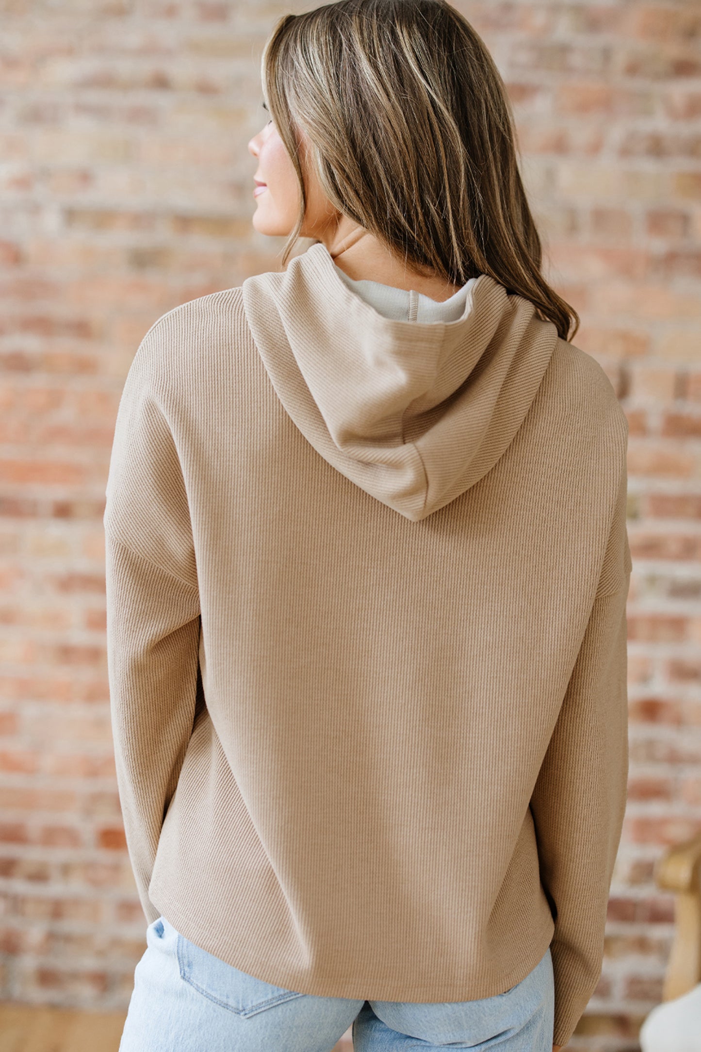 Camel Textured Drawstring Hoodie