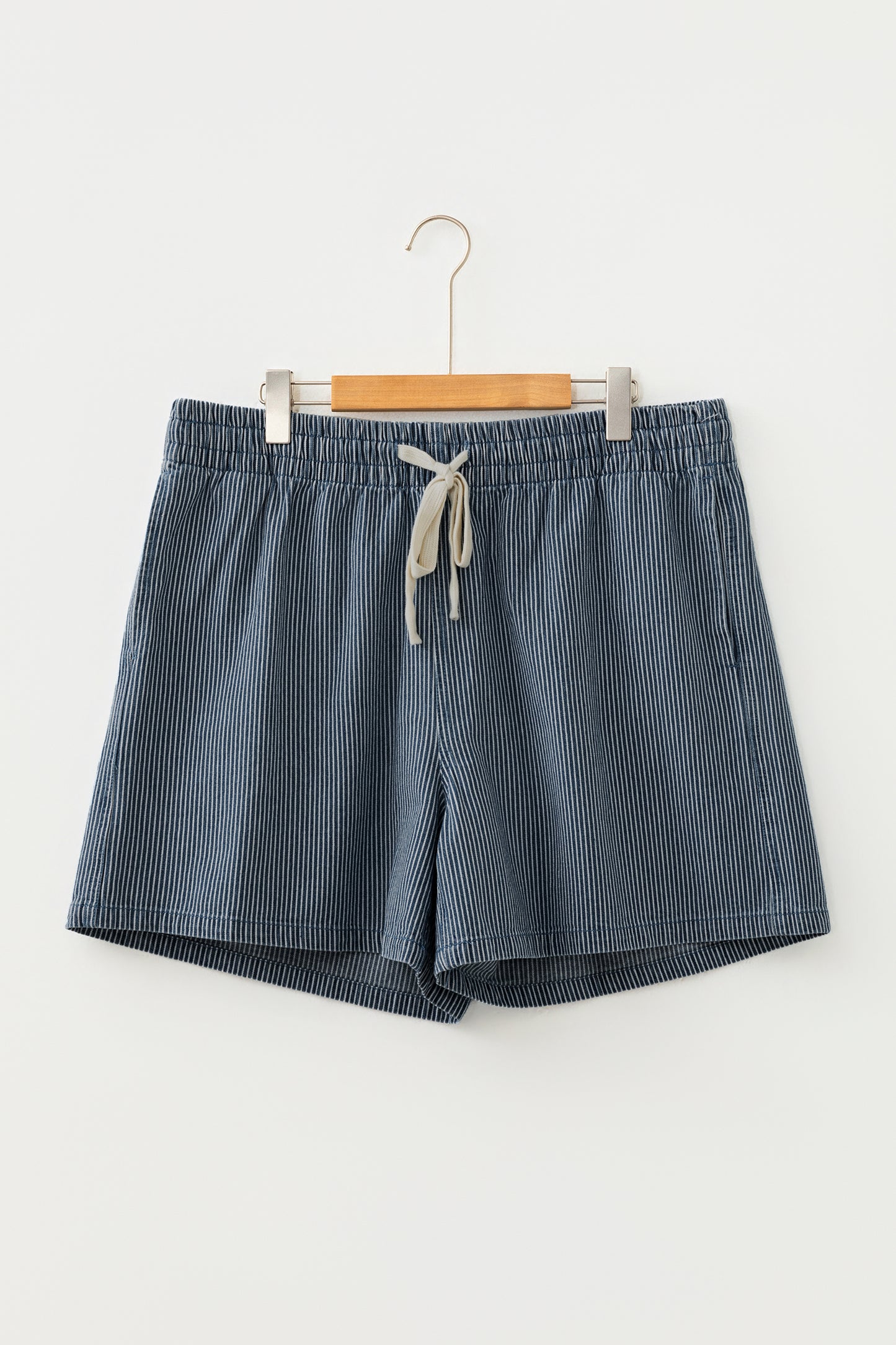 Blue Stripe Plus Size Contrast Drawstring Elastic Waist Denim Shorts