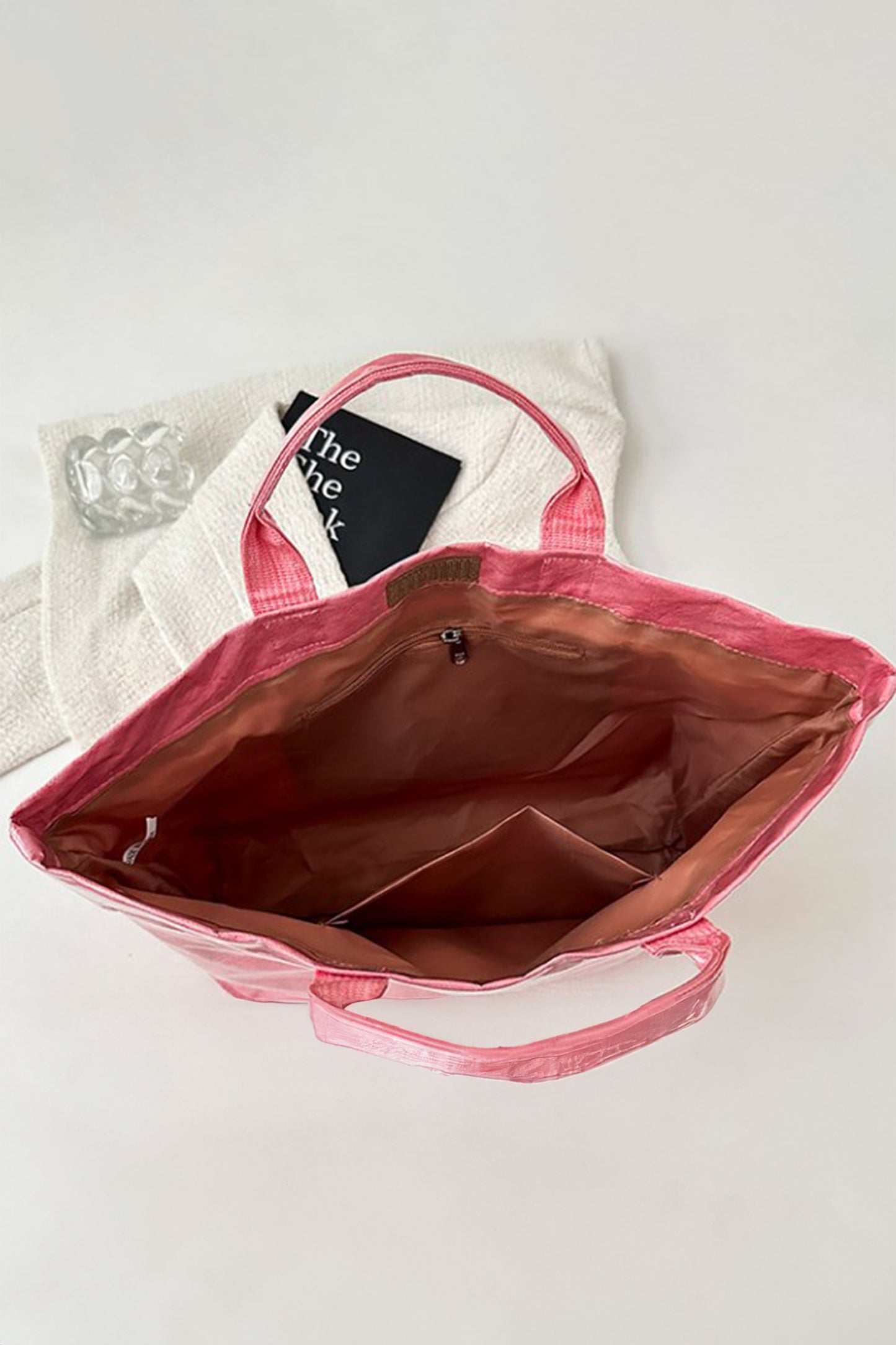 Red Glossy Striped Vinyl Large Tote Bag (Color Varied)