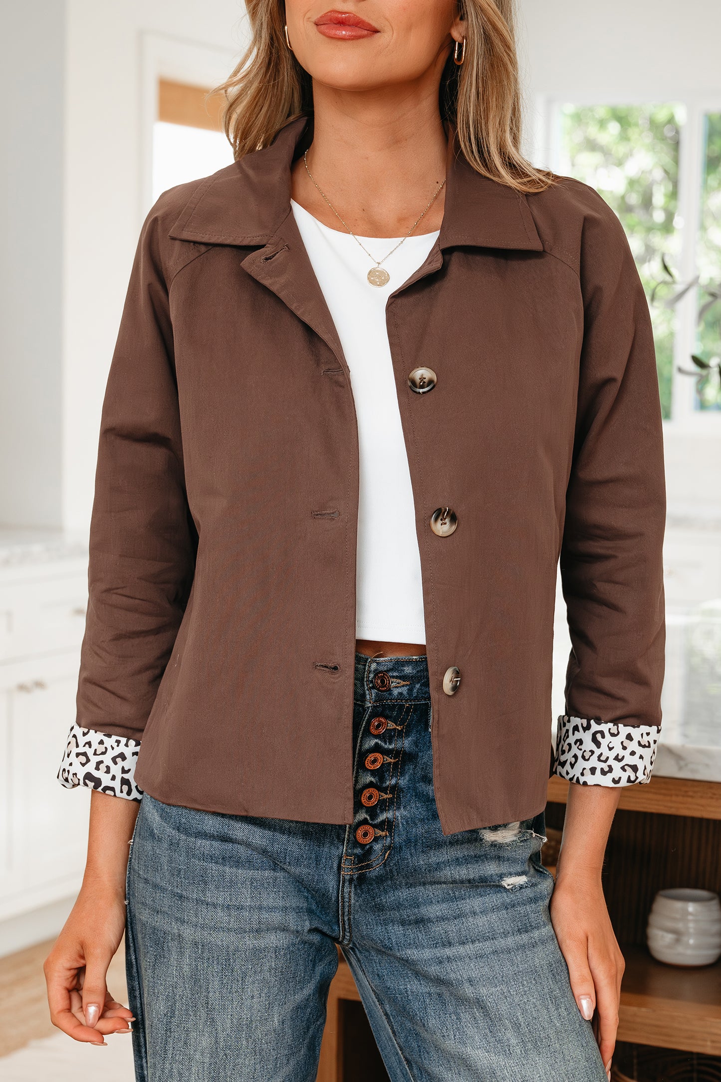 Dark Brown Leopard-Trim Cropped Jacket