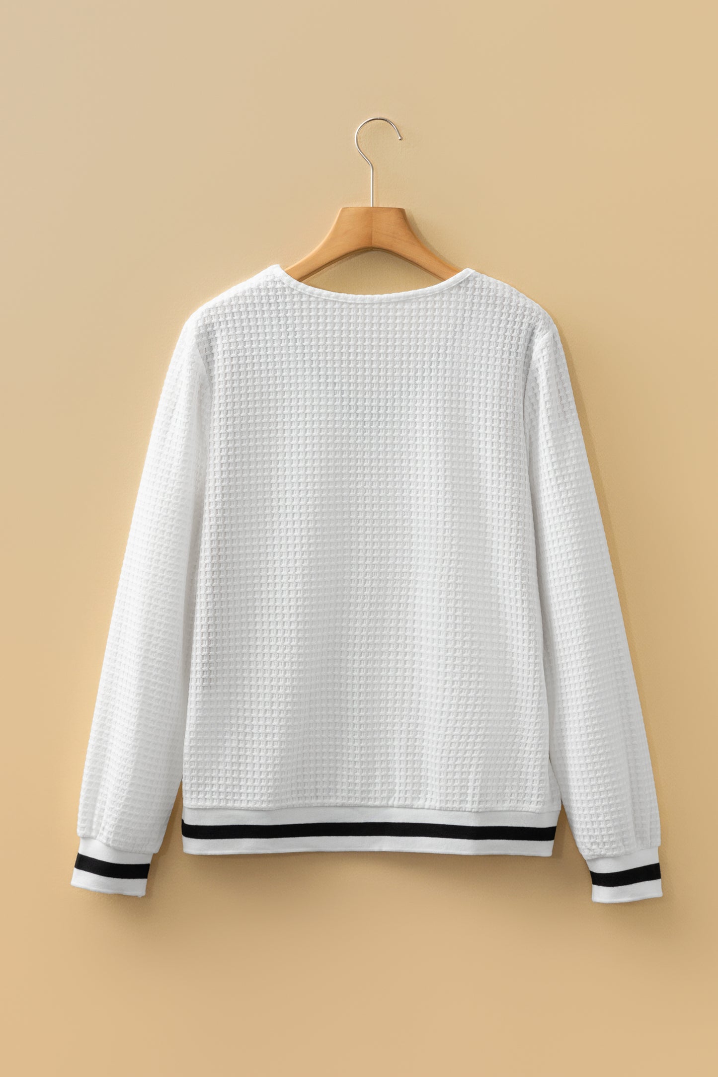 White Waffle-Knit Striped-Trim V-Neck Top