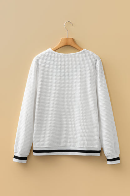 White Waffle-Knit Striped-Trim V-Neck Top