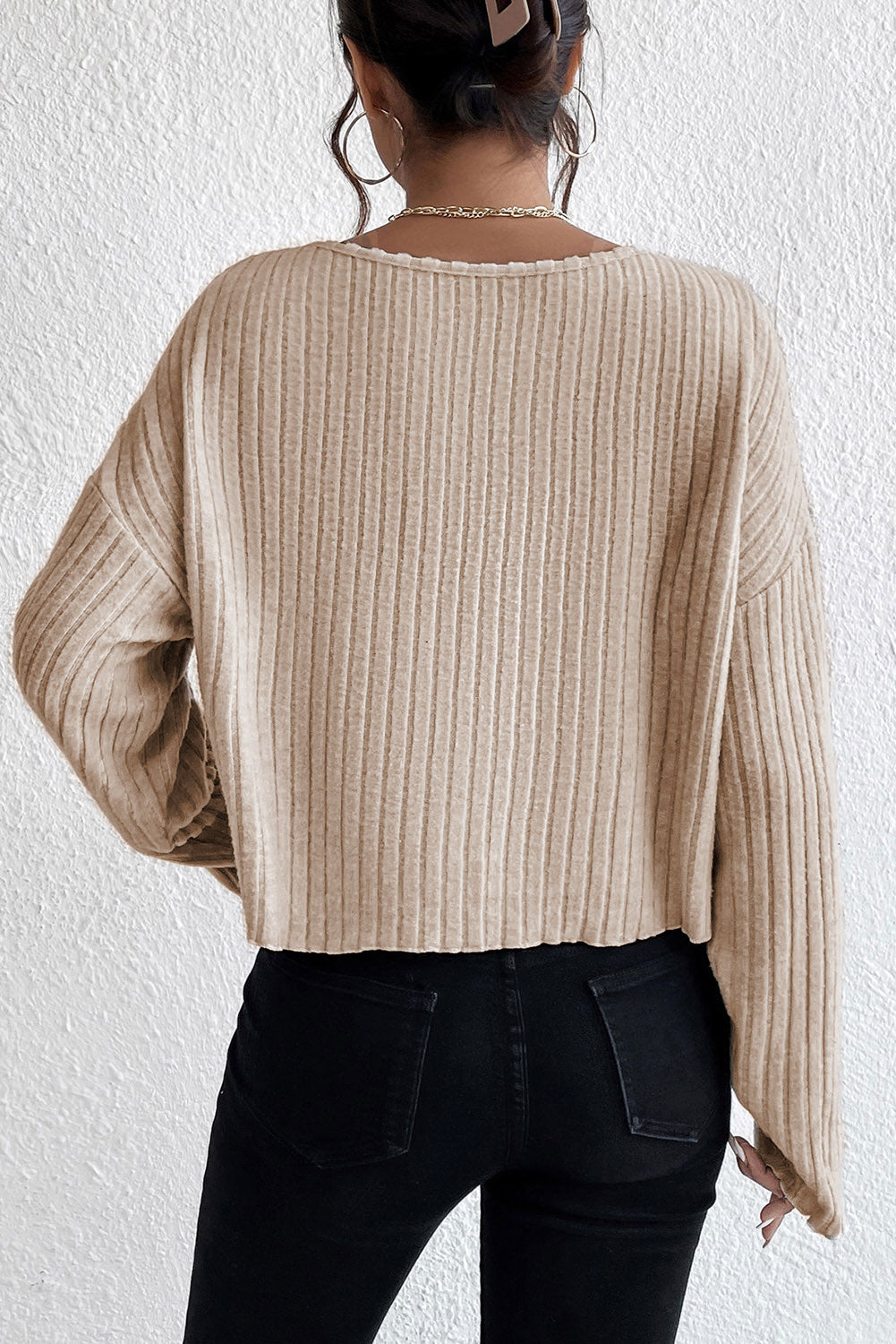 Beige Lettuce-Cuff Ribbed Knit Top