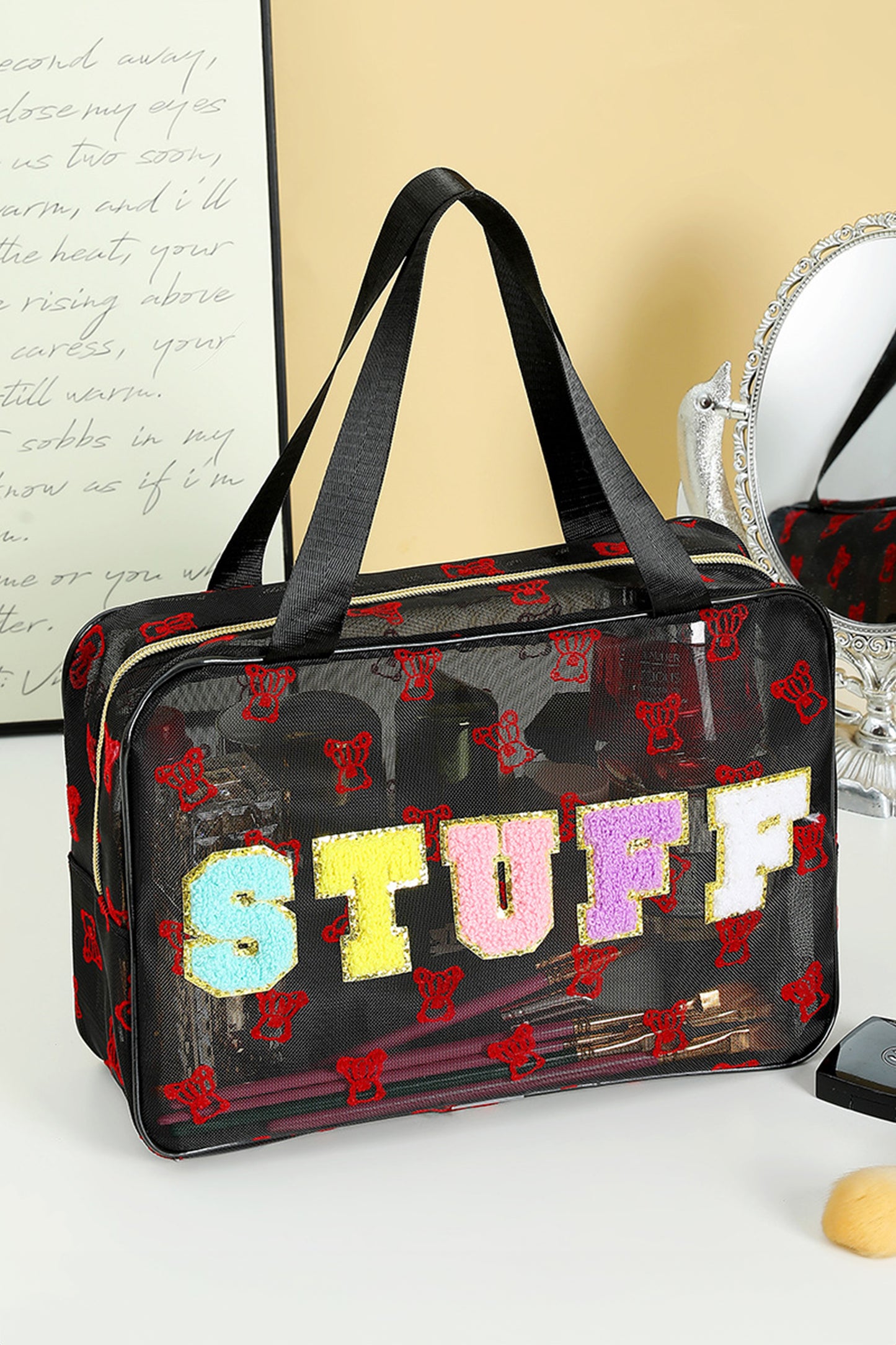 Black STUFF Teddy-Bear Graphic Makeup Bag