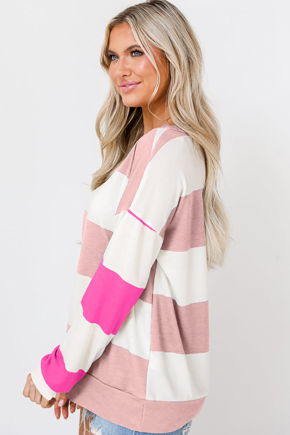 Light Blue Color-Block Striped Long-Sleeve Top