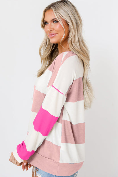 Light Blue Color-Block Striped Long-Sleeve Top