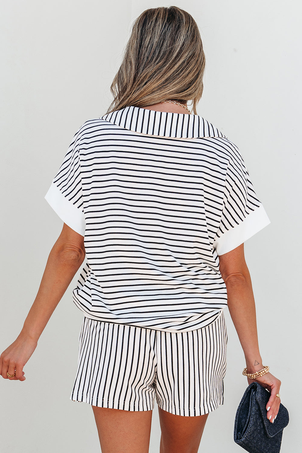 Black Stripe V-Neck Tee & Shorts Set