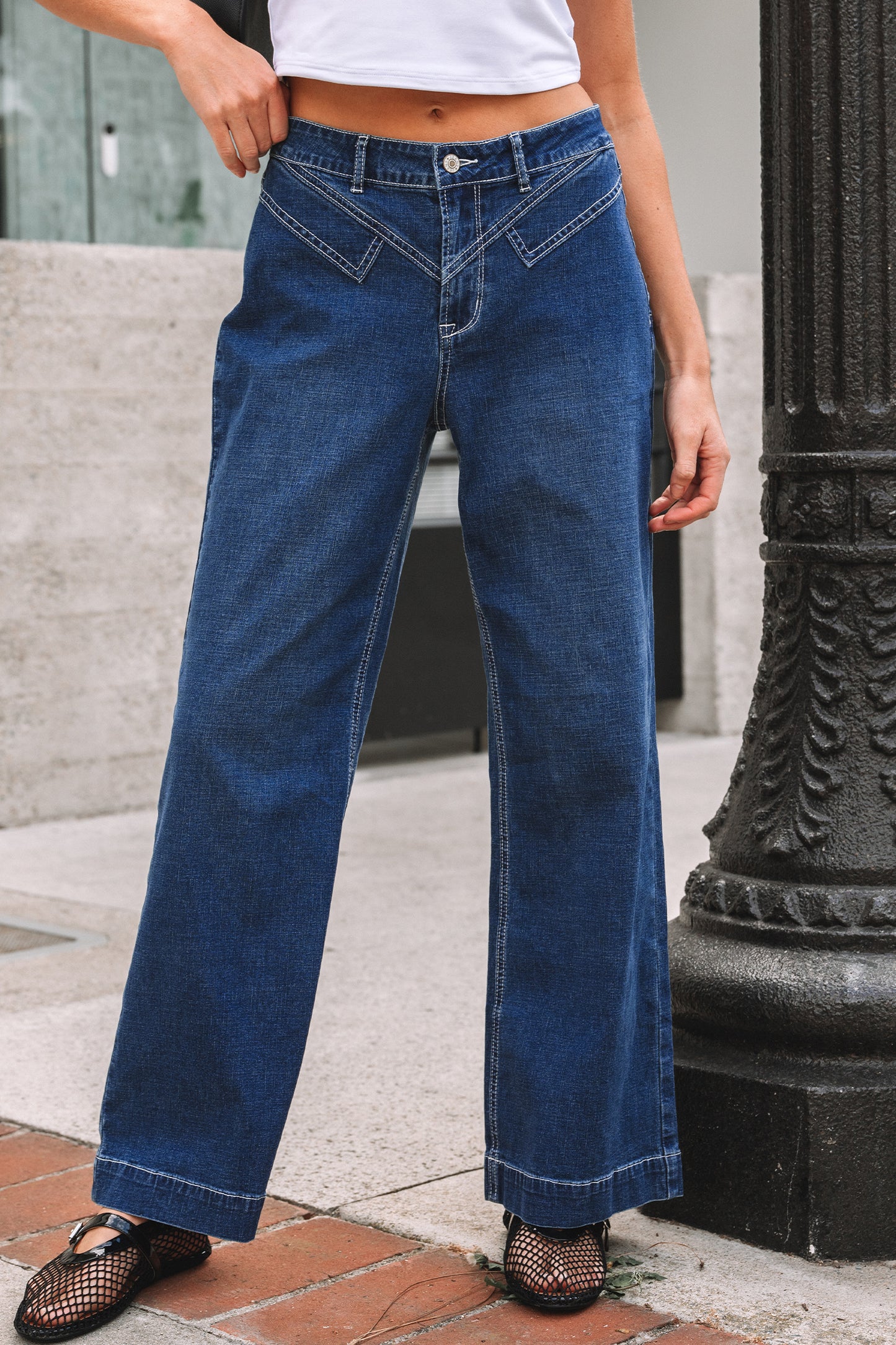 Sail Blue Stitched-Waist Wide-Leg Jeans