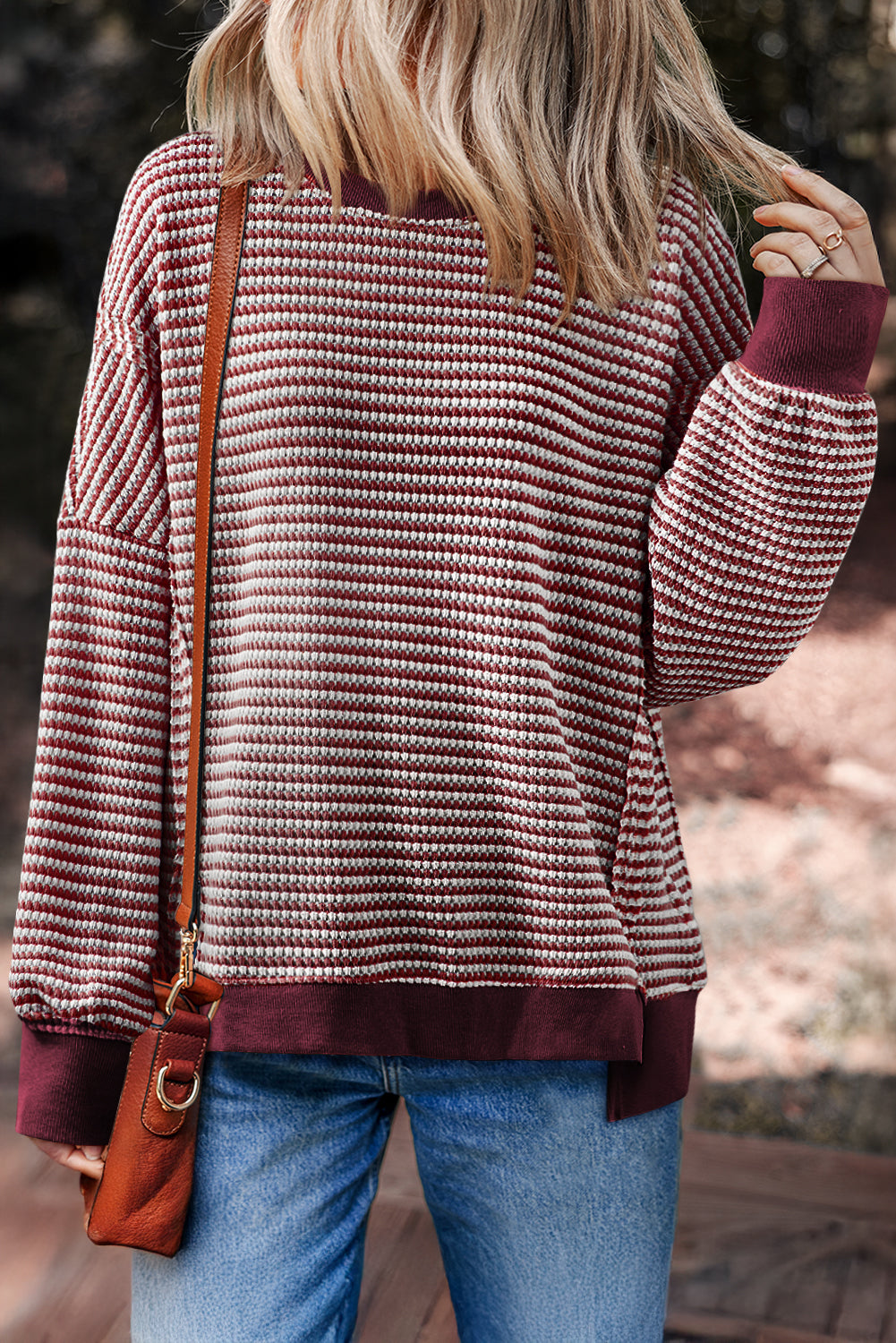 Black Striped Waffle-Knit Oversized Top