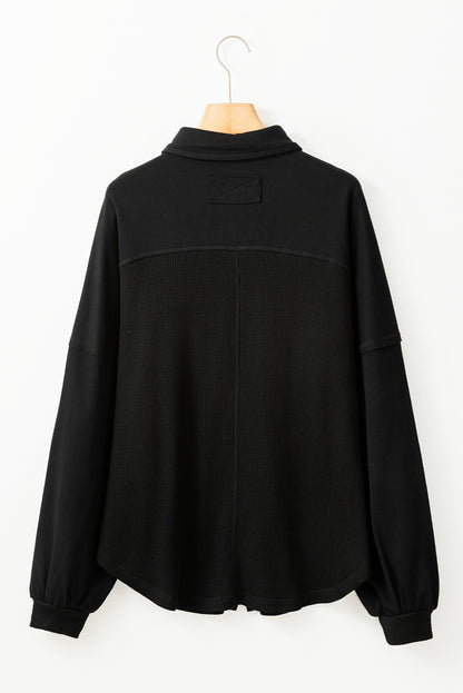Black Waffle-Knit Oversized Shacket