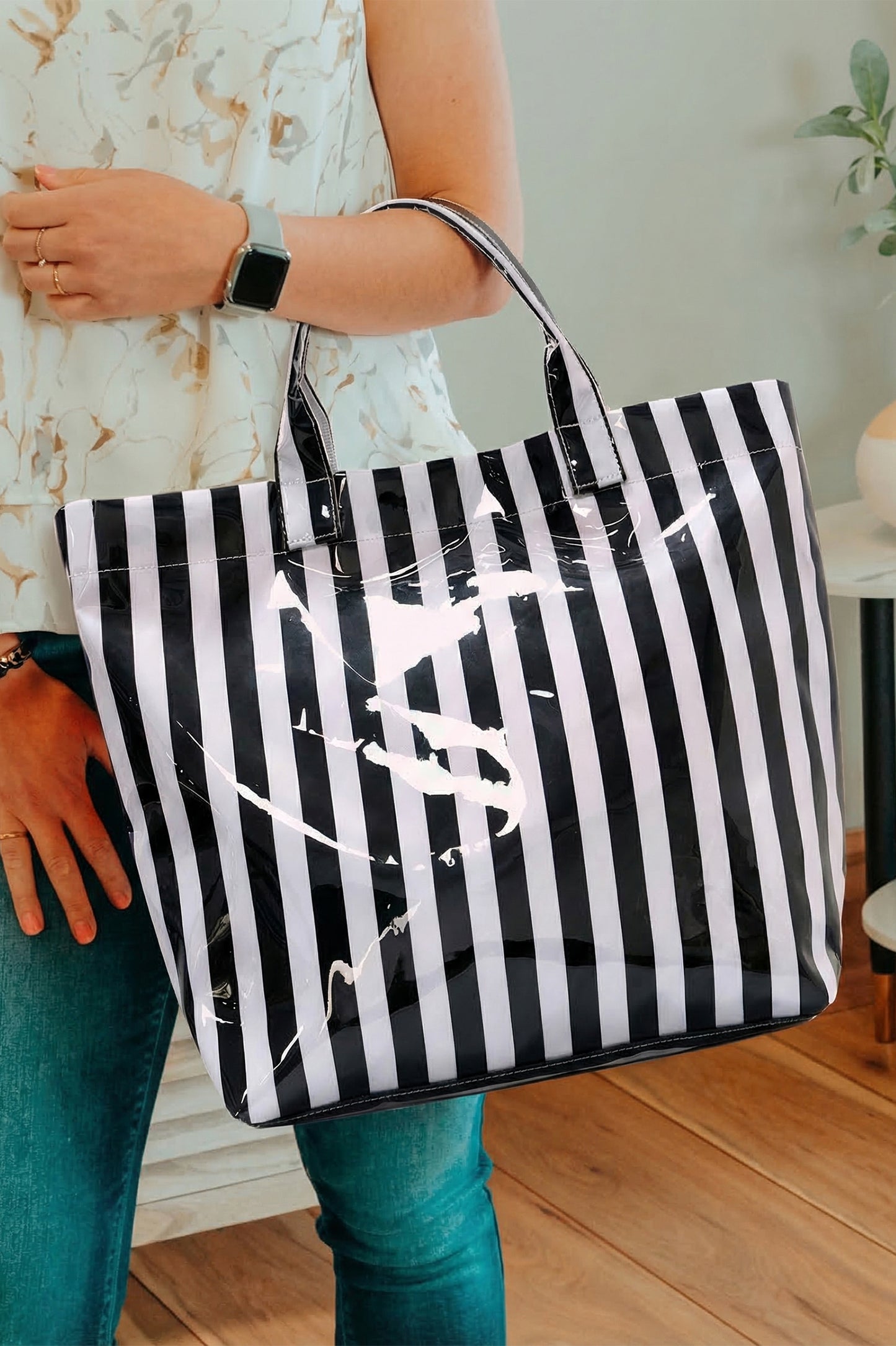 Red Glossy Striped Vinyl Large Tote Bag (Color Varied)