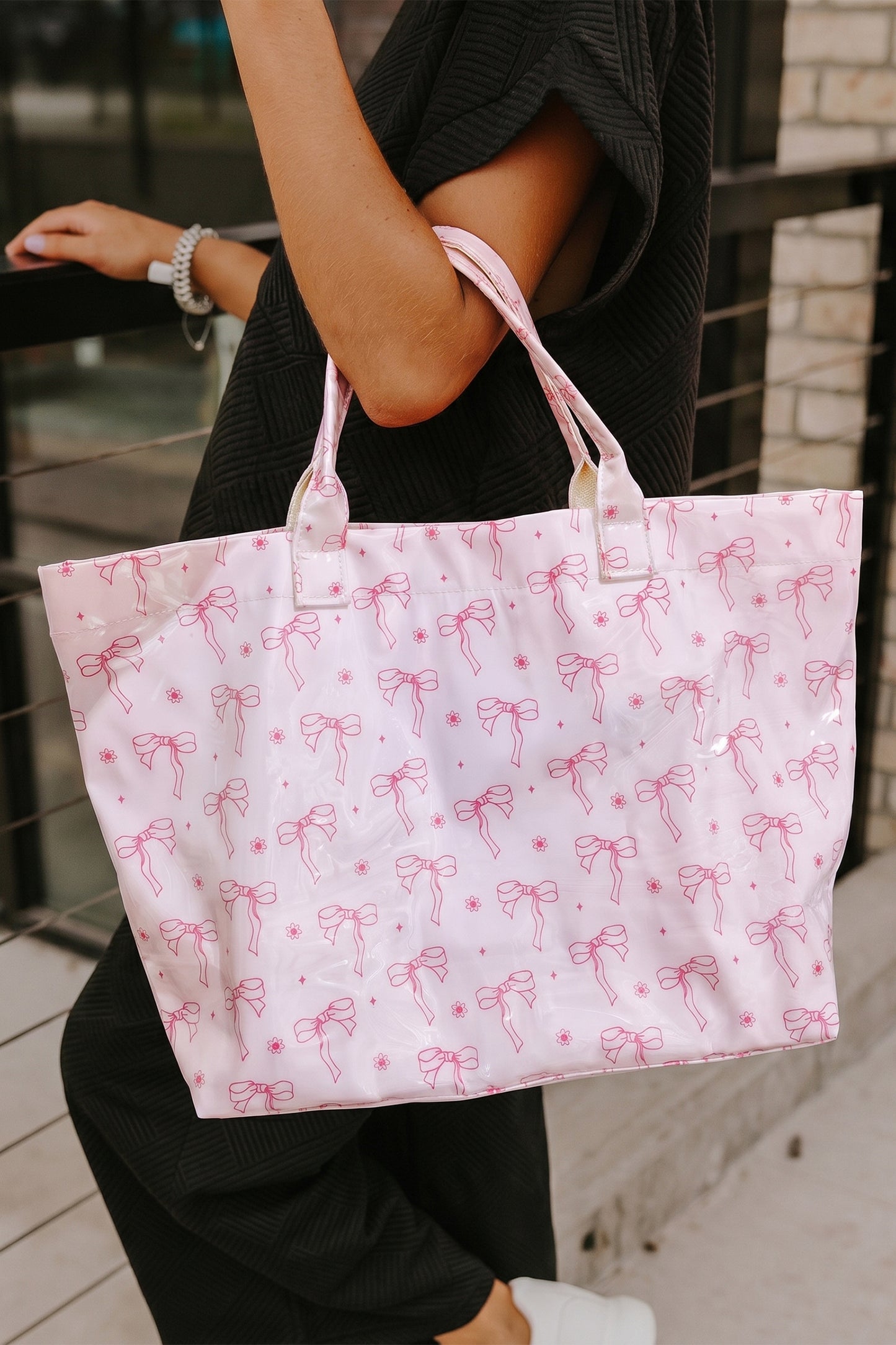 White Bow-Print Tote Bag