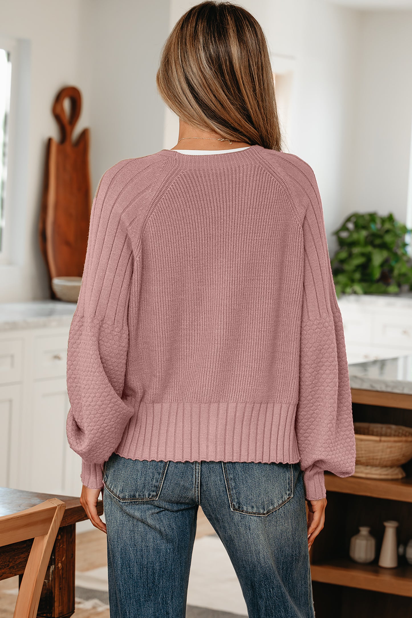 Light Pink Mixed-Knit V-Neck Cardigan