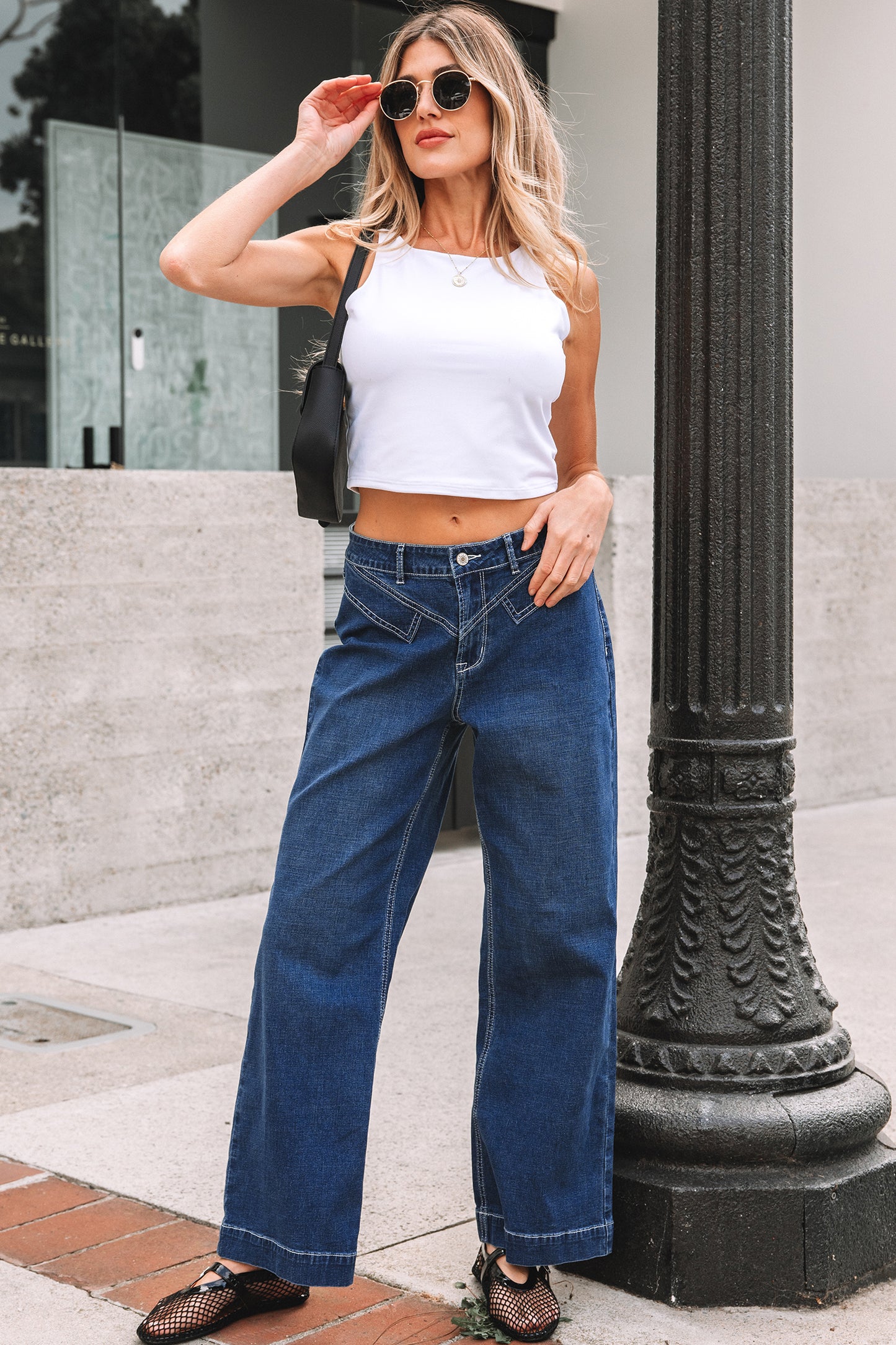 Sail Blue Stitched-Waist Wide-Leg Jeans