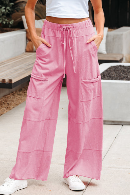 Bonbon Mineral Wash Exposed Seam Drawstring Elastic Waistband Wide-Leg Cargo Pants