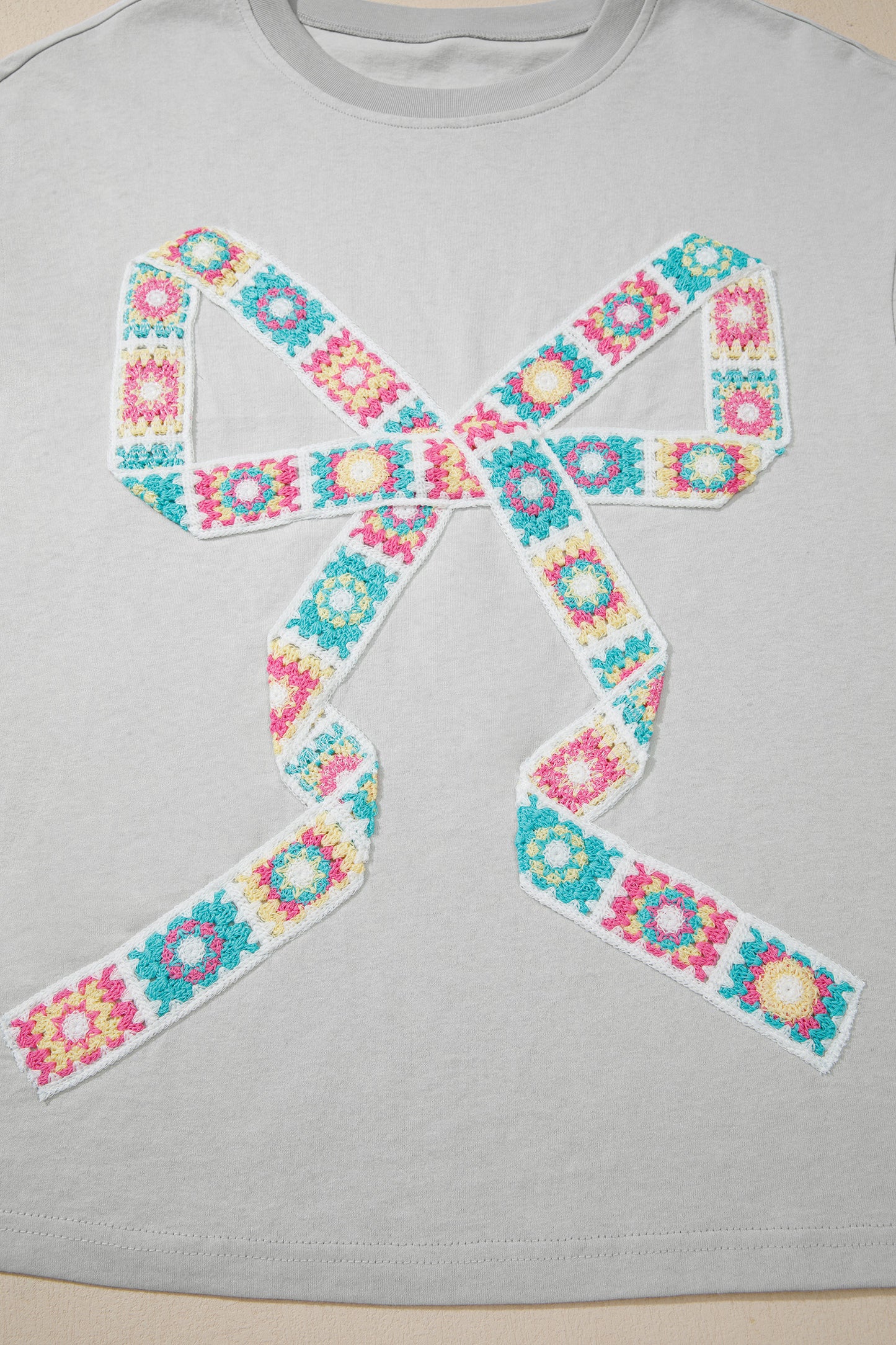 Light Gray Floral Bow-Patch T-Shirt