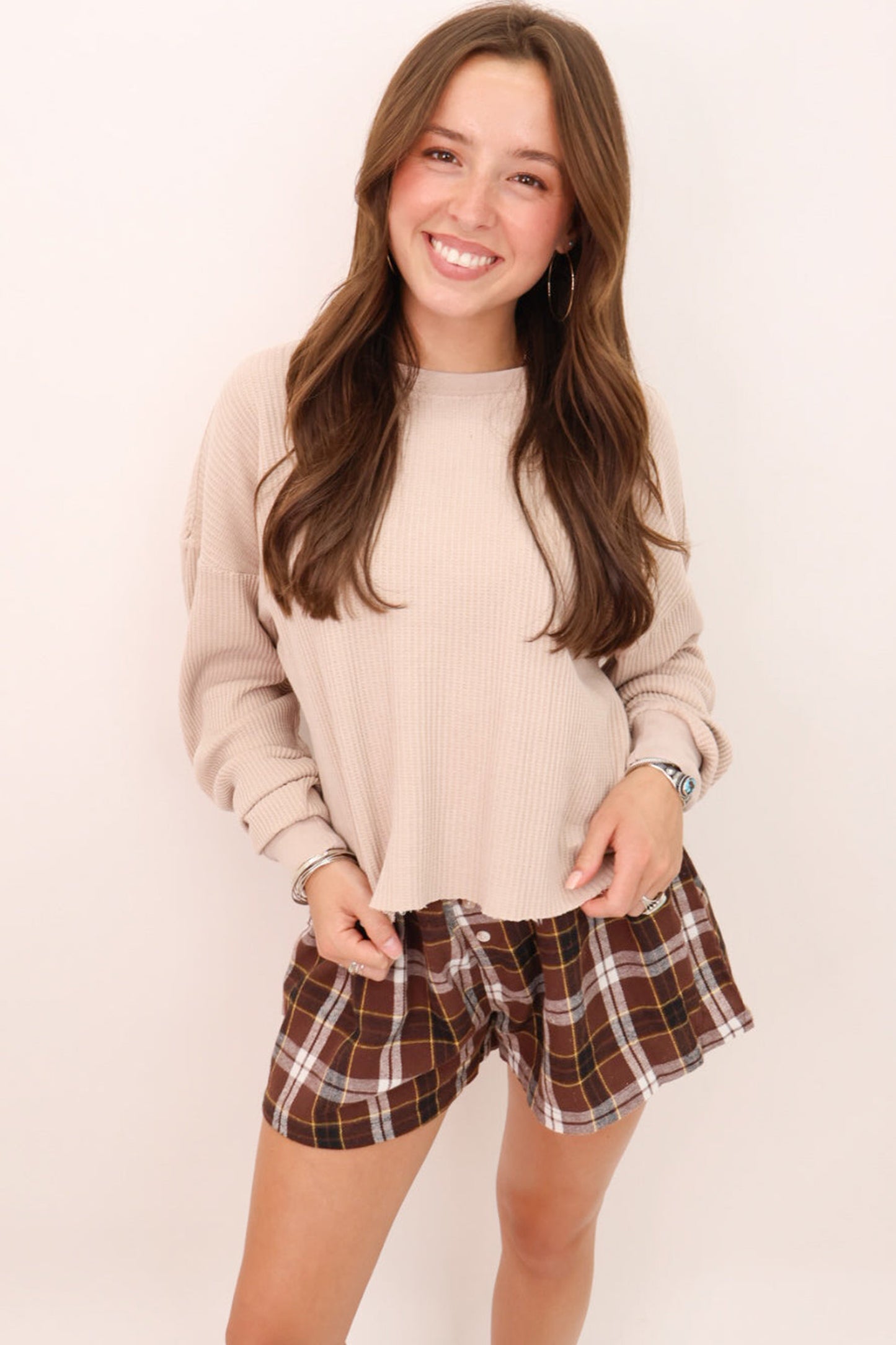 Brown Plaid Button-Front Shorts