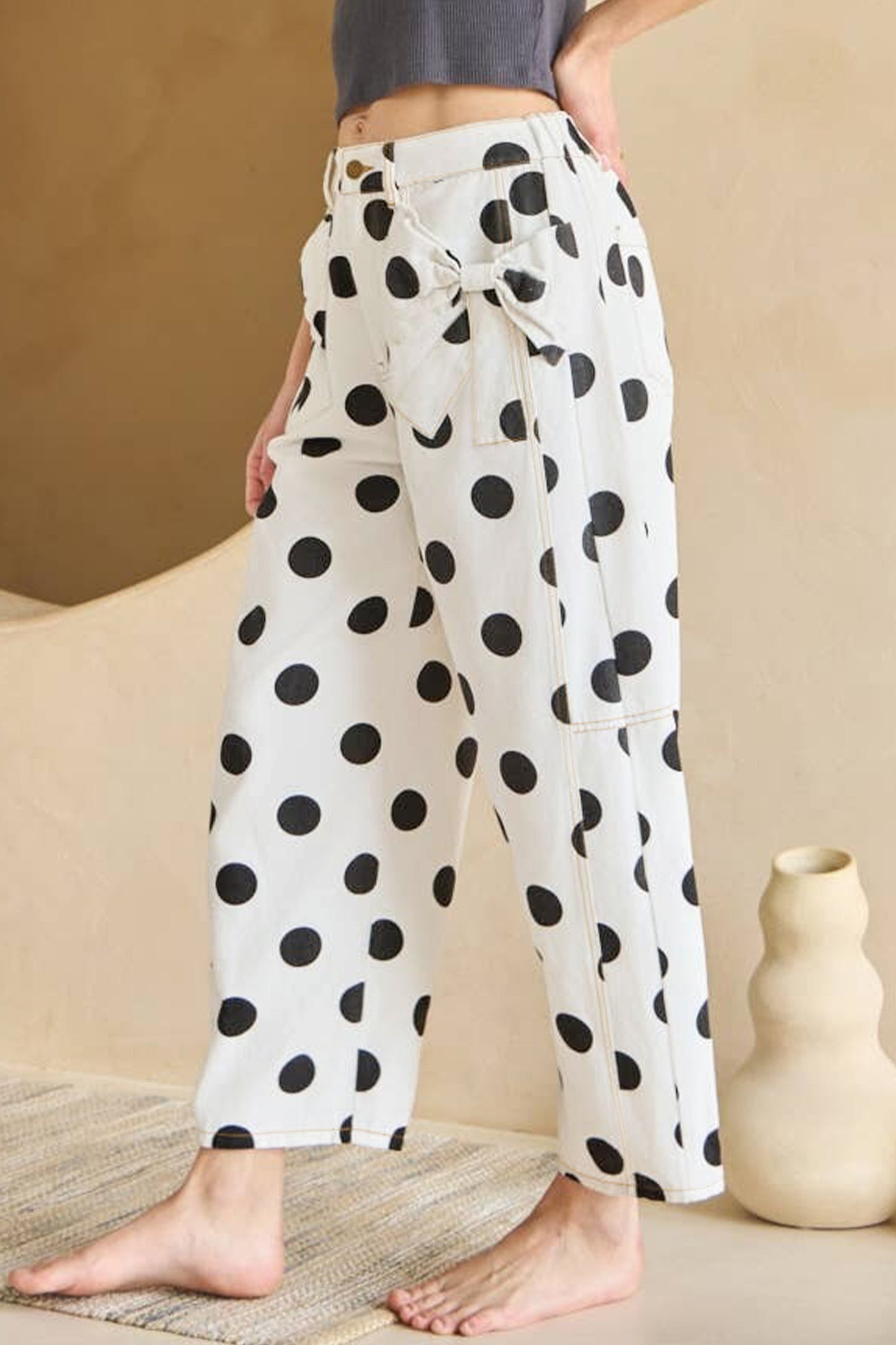 White Polka Dot Print Bow Detail Pocketed Barrel Jeans