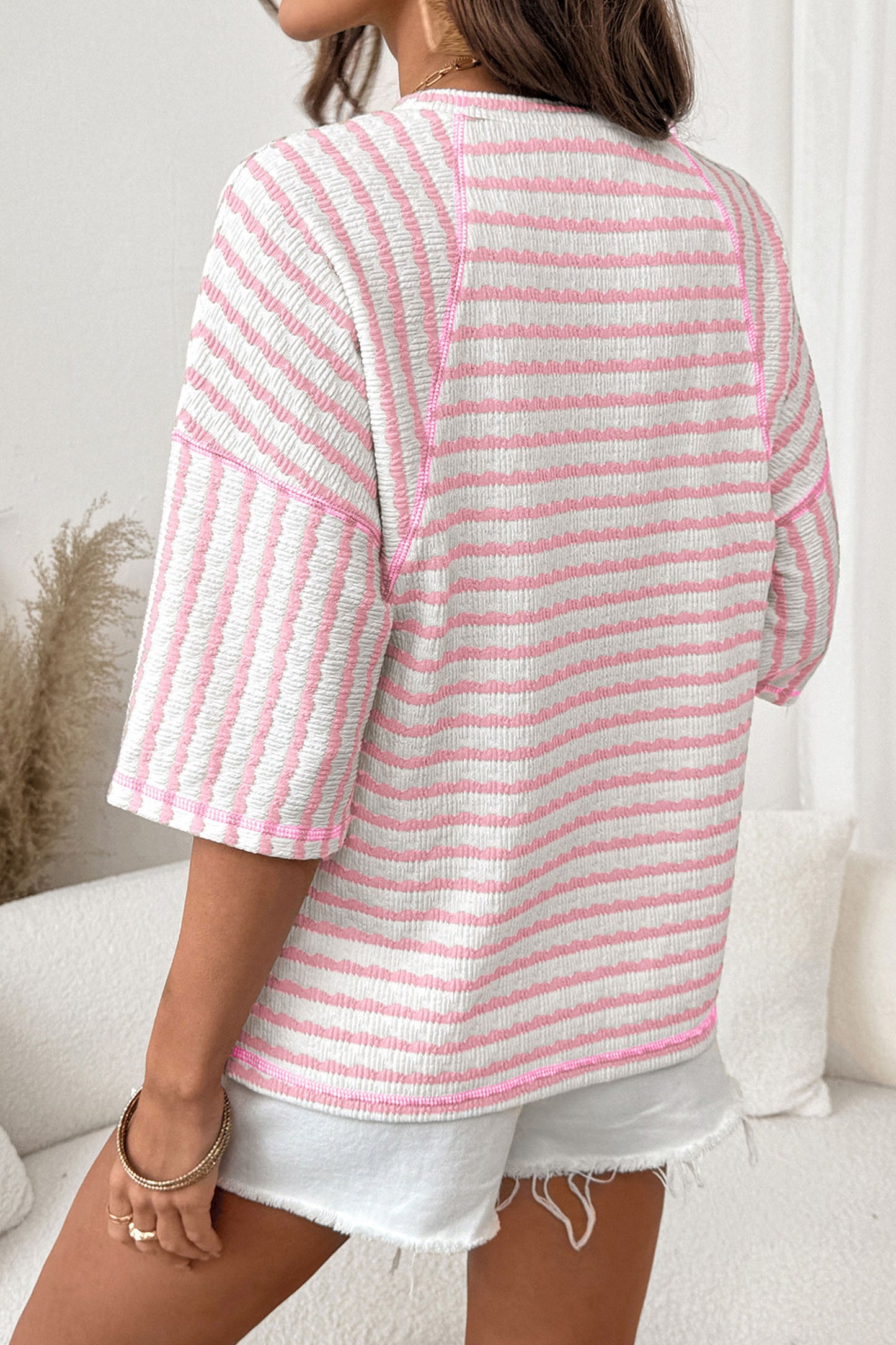 Pink Stripe Textured Knit Split Hem Half-Sleeve Loose Top