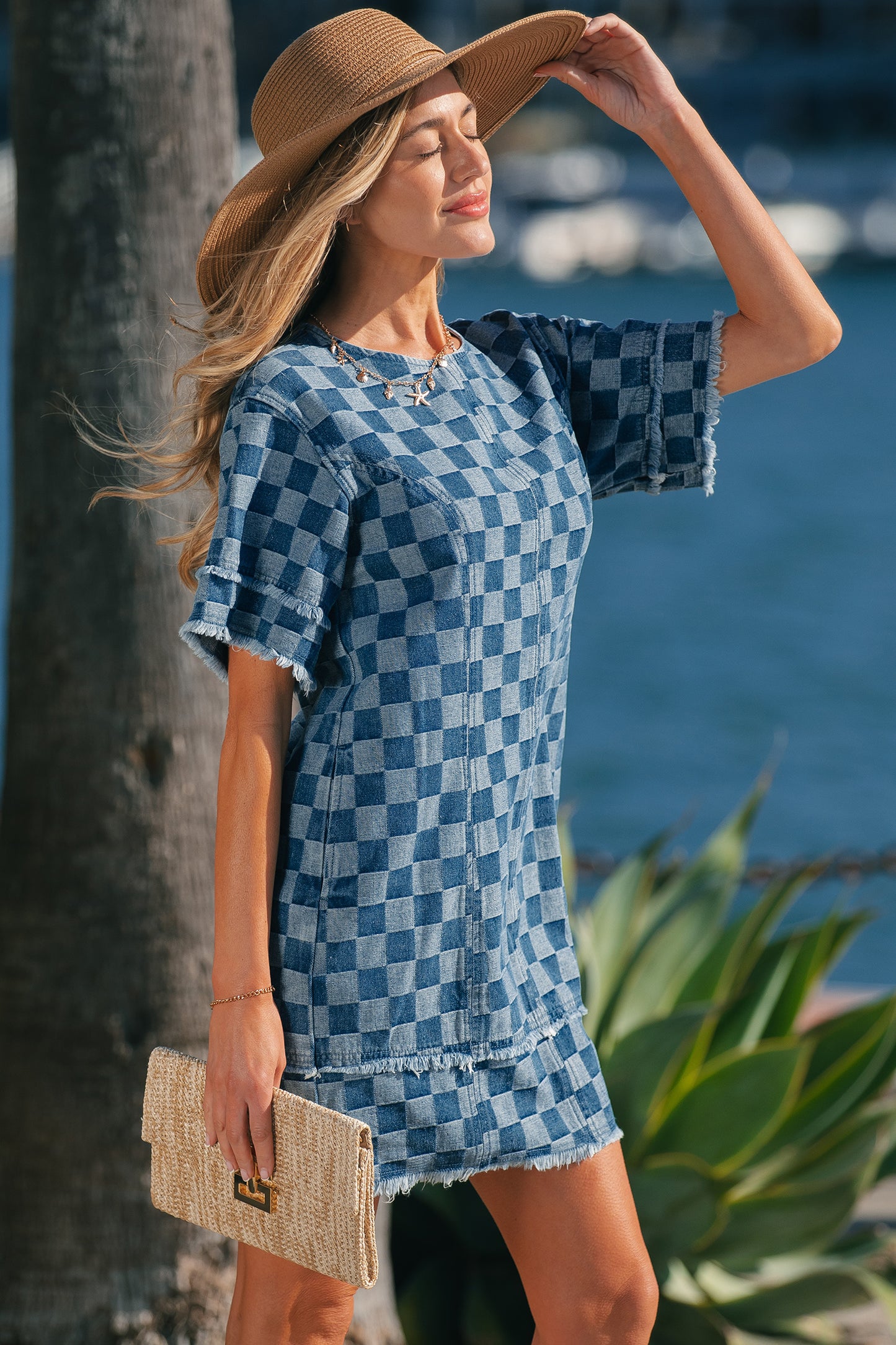 Sky Blue Checkerboard Denim Mini Dress