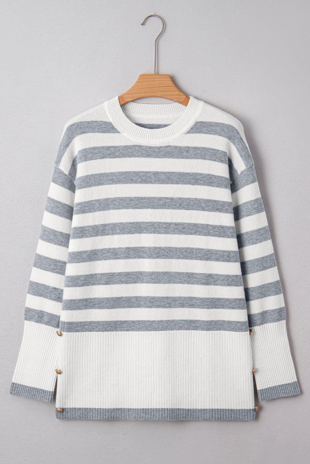 Gray Striped Button-Detail Tunic Sweater