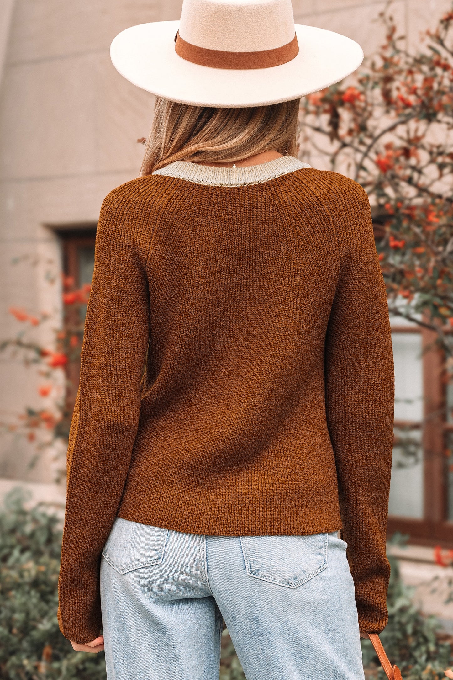Chestnut Contrast-Trim Short Cardigan