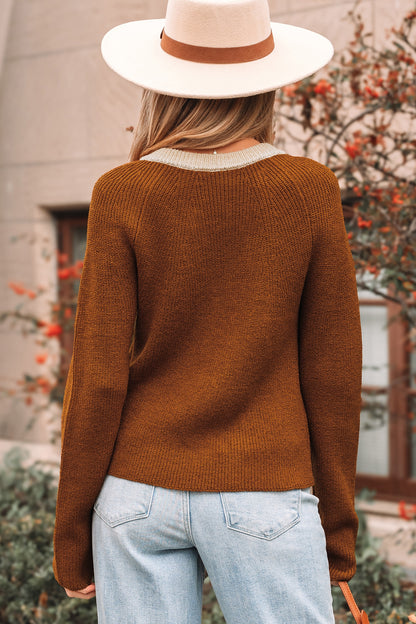 Chestnut Contrast-Trim Short Cardigan