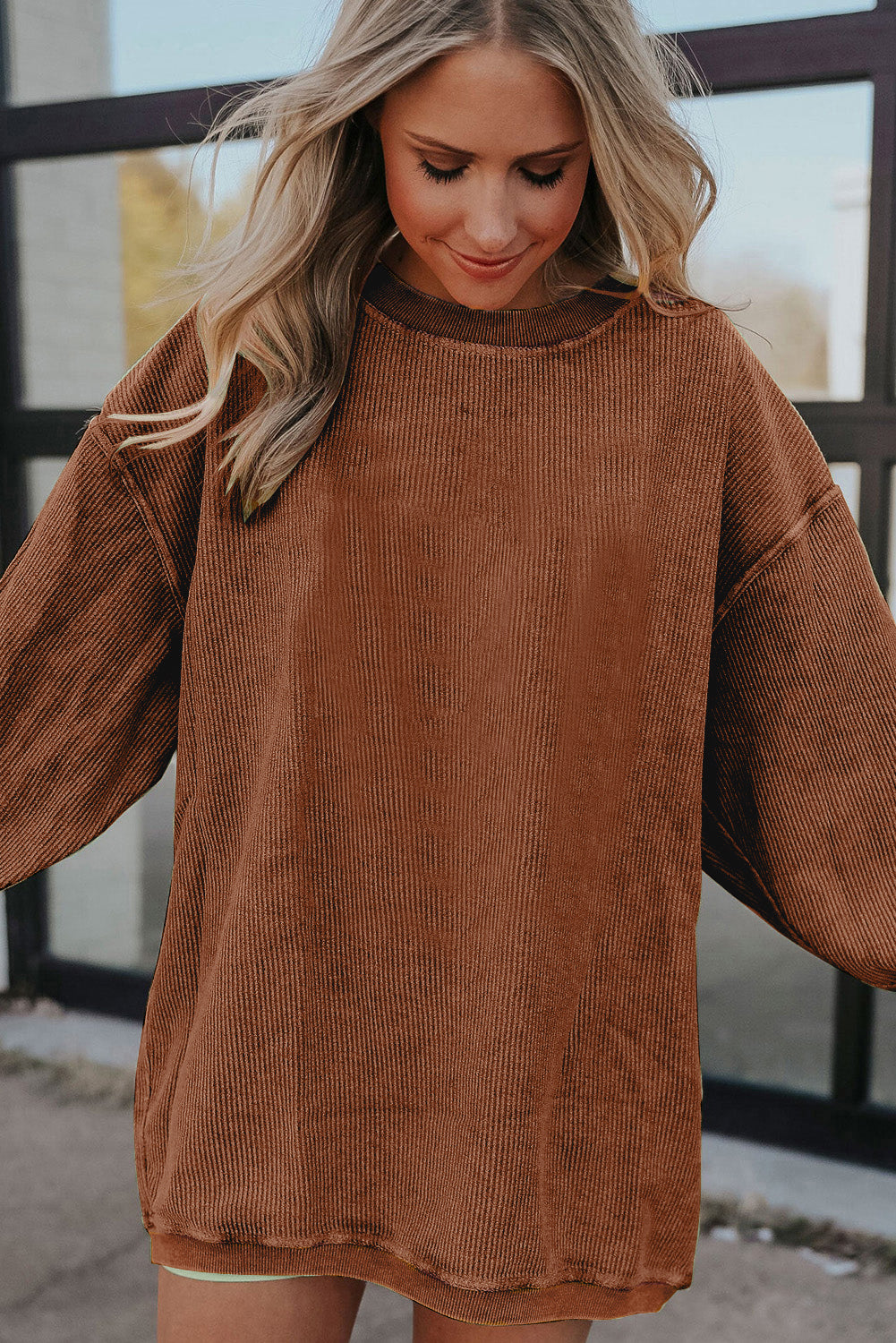 Dark Grey Ribbed Corduroy Oversized Sweatshirt