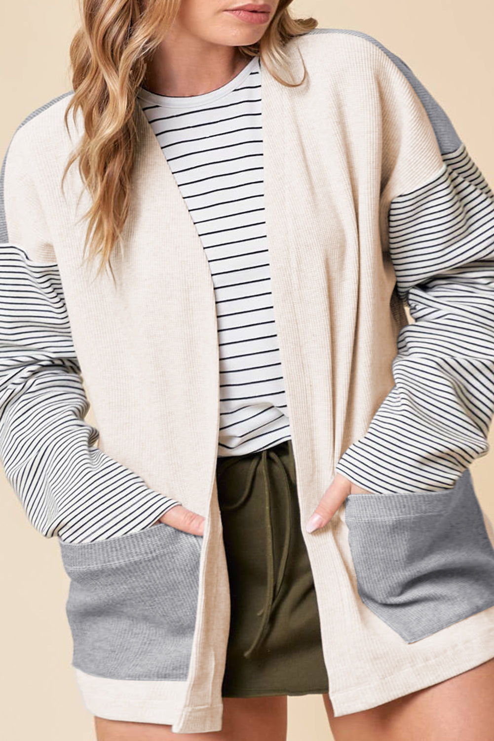 Black Stripe Color-Block Open-Front Cardigan