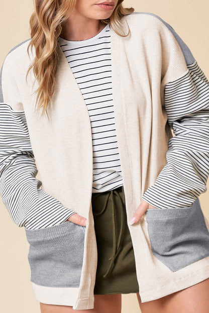 Black Stripe Color-Block Open-Front Cardigan