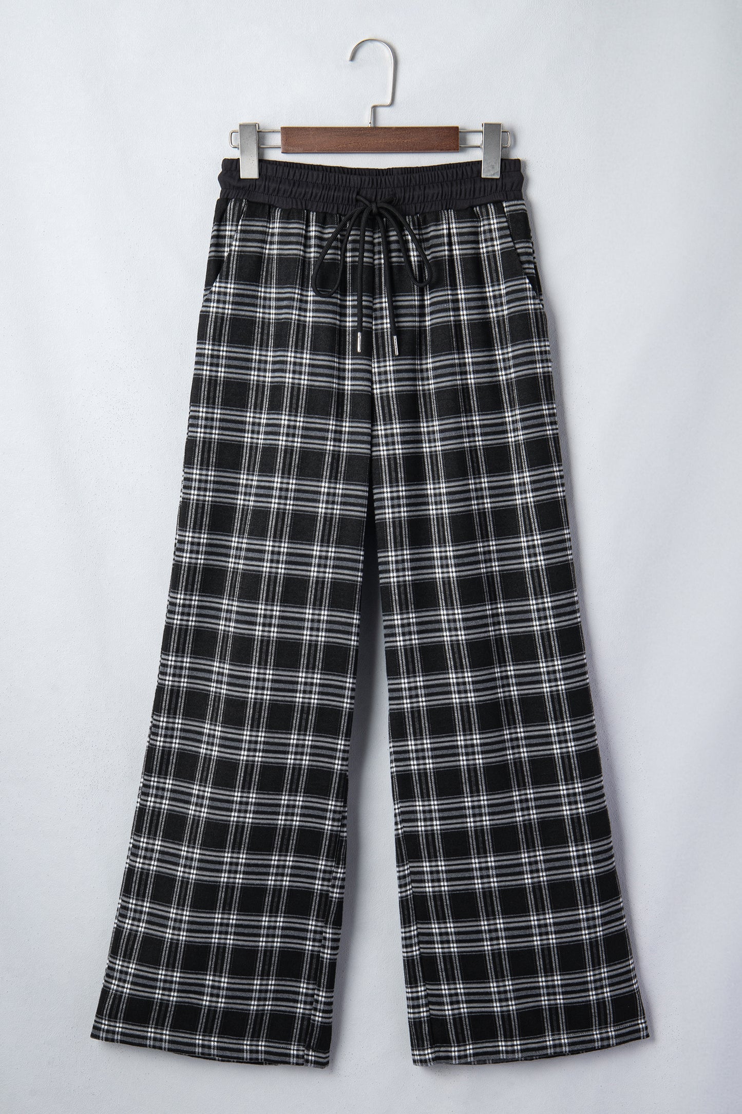Black Frenchy Plaid Pattern Contrast Drawstring Waist Wide-Leg Pants