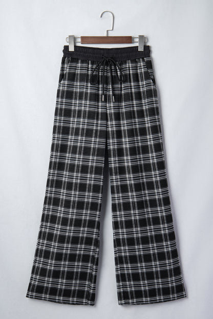 Black Frenchy Plaid Pattern Contrast Drawstring Waist Wide-Leg Pants